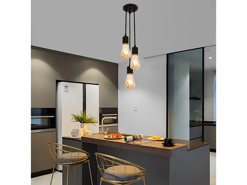 Lustre industriel vintage 3 douilles suspension, 30+40+50cm, noir, plafonnier sans ampoules E27