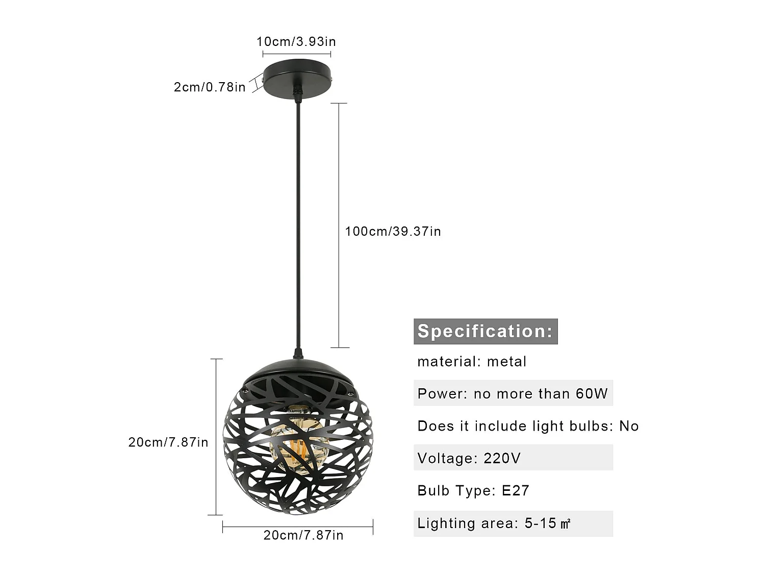 Suspension ajourée simple lustre, 20*20*140cm, en fer pour salle à manger, sans ampoules E27
