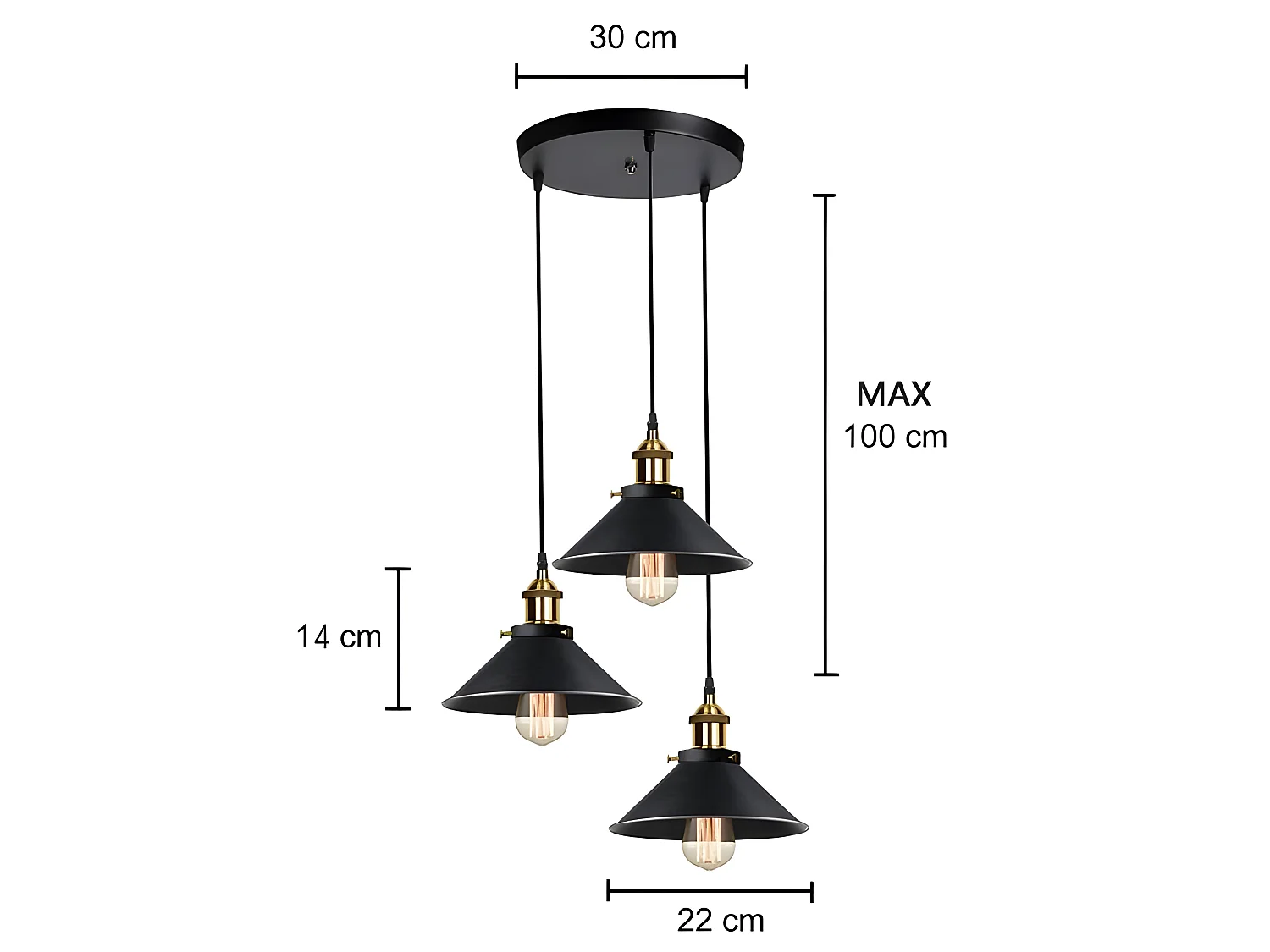Vintage-Industrielampe 3 Vintage-Pendelleuchte, 40 * 40 * 140 cm, Schwarz, ohne E27-Glühbirne