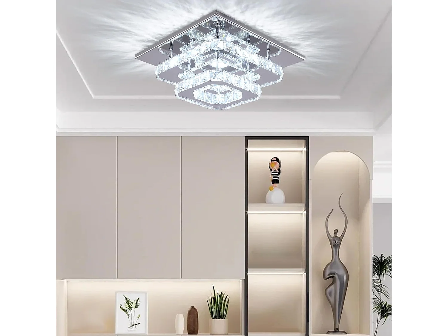 Plafonnier en cristal en acier inoxydable, 30*30*15cm, argenté, LED intégrées 29w, lumière blanc