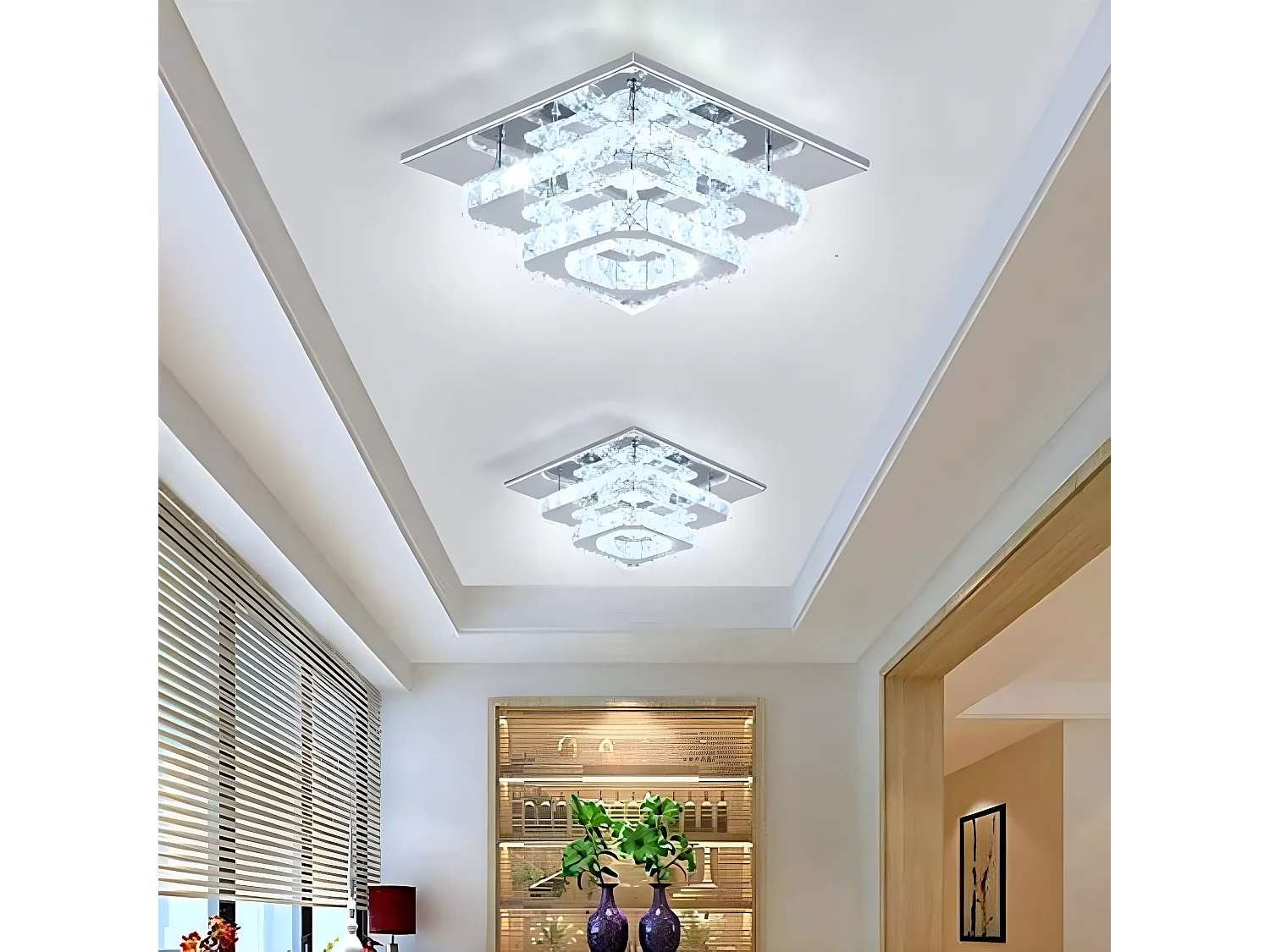 Plafonnier en cristal en acier inoxydable, 30*30*15cm, argenté, LED intégrées 29w, lumière blanc