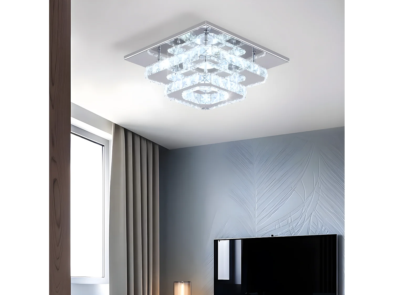 Plafonnier en cristal en acier inoxydable, 30*30*15cm, argenté, LED intégrées 29w, lumière blanc