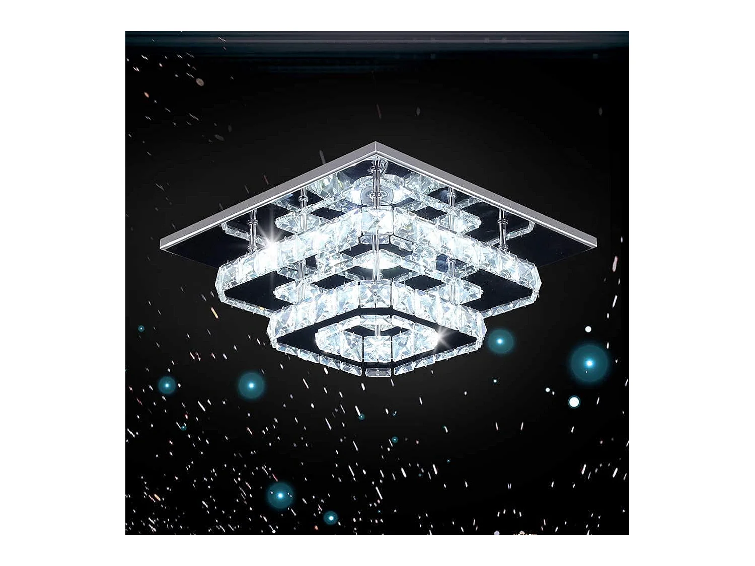 Plafonnier en cristal en acier inoxydable, 30*30*15cm, argenté, LED intégrées 29w, lumière blanc