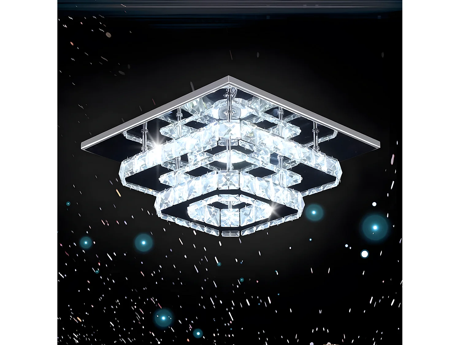 Plafonnier en cristal en acier inoxydable, 30*30*15cm, argenté, LED intégrées 29w, lumière blanc