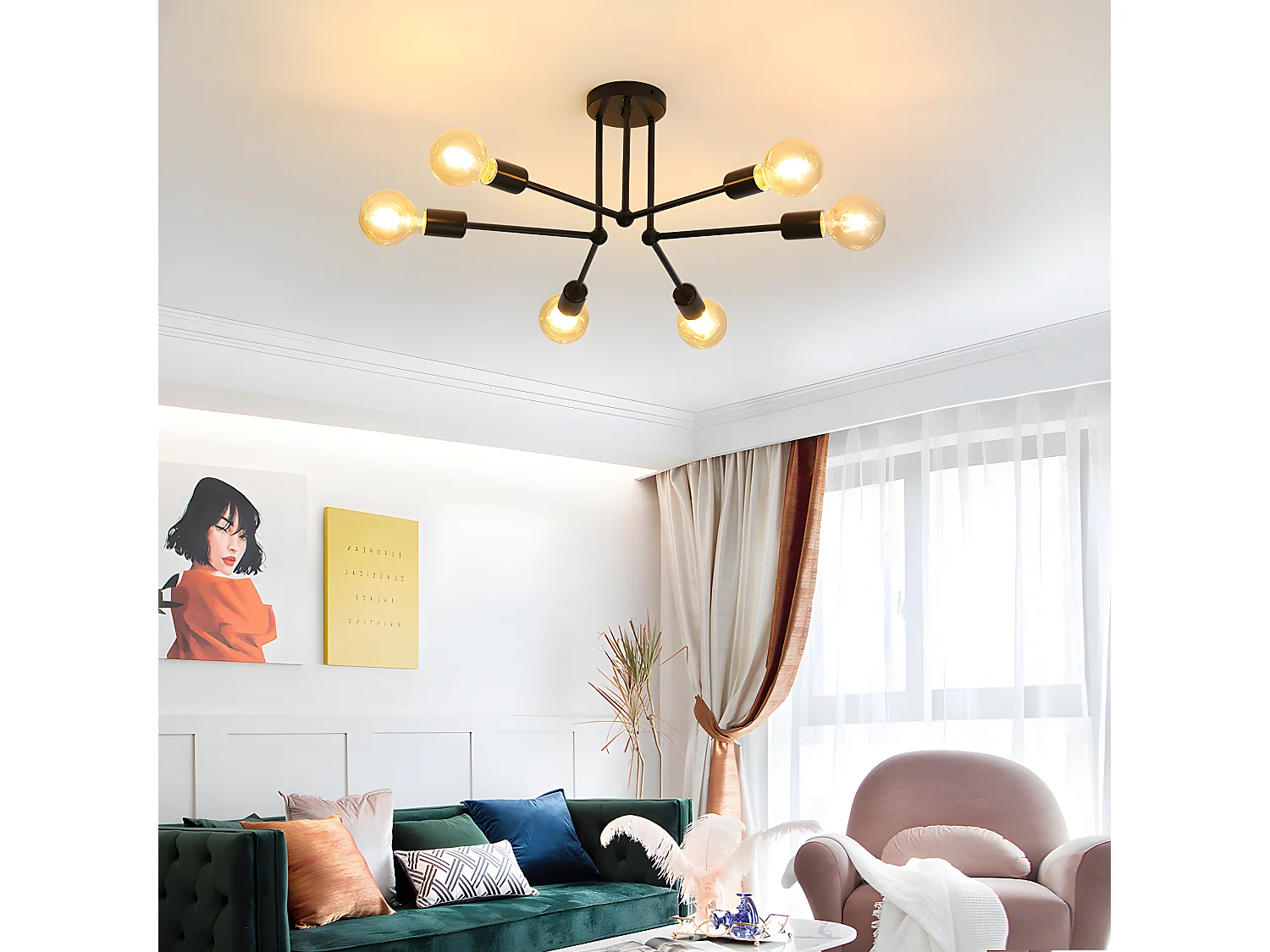 Plafonnier vintage led d'intérieur en métal, 70 * 70 * 23 CM, noir, sans ampoules E27