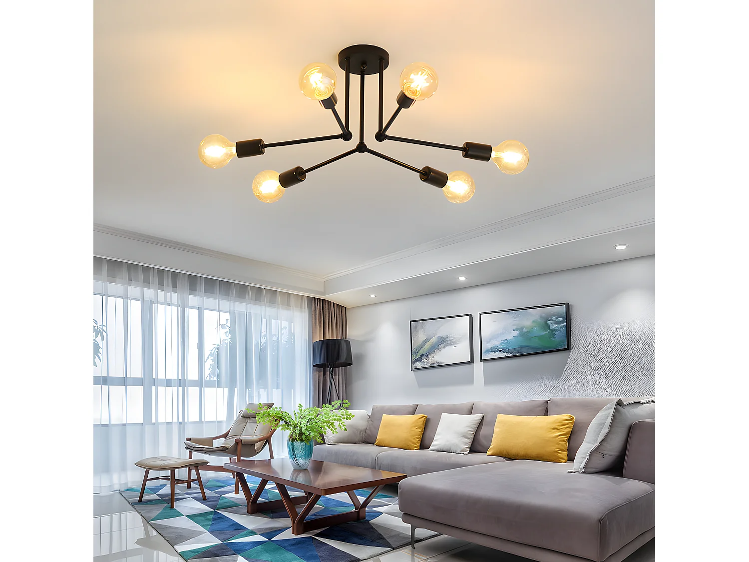 Plafonnier vintage led d'intérieur en métal, 70 * 70 * 23 CM, noir, sans ampoules E27