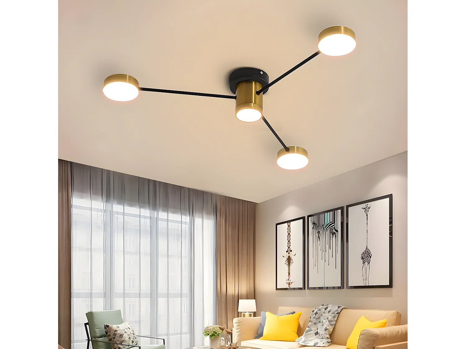 Luce a soffitto a LED vintage, Lustre Lounge, 78 * 78 * 10 cm, nero nero, con 4 luci