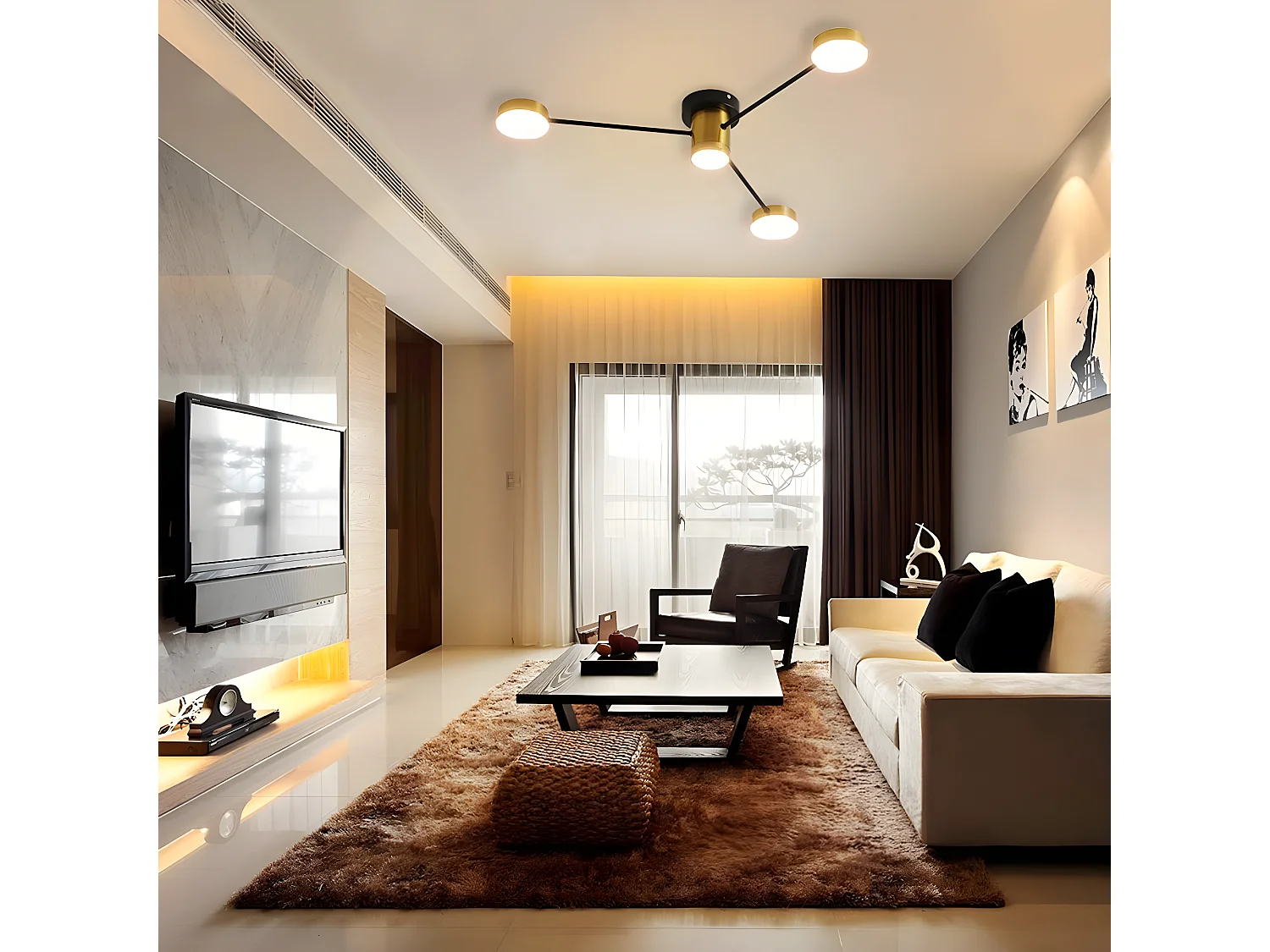 Luce a soffitto a LED vintage, Lustre Lounge, 78 * 78 * 10 cm, nero nero, con 4 luci