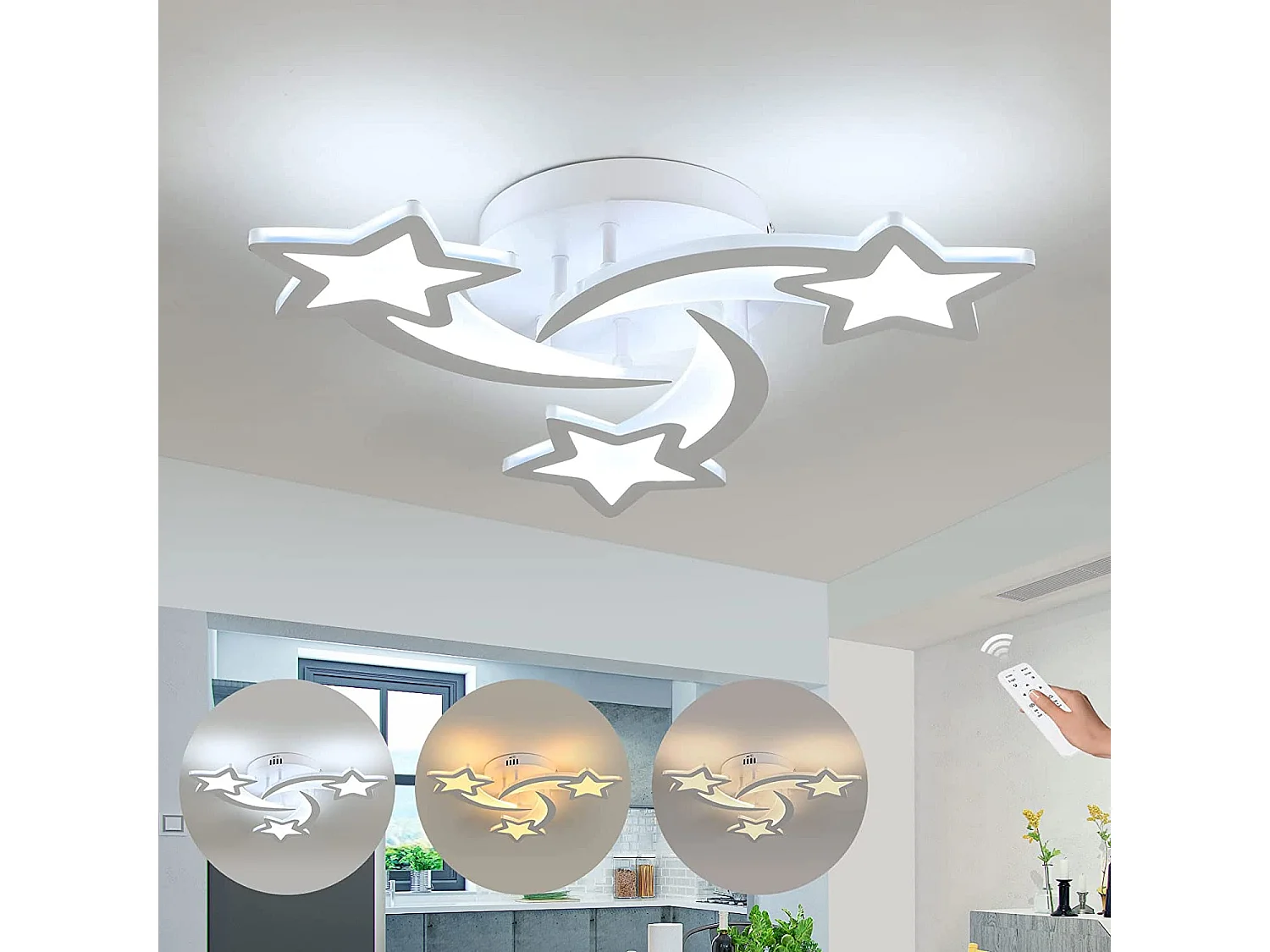Plafonnier led 30w dimmable en forme star, 50*50*8cm, avec télécommande, en métal