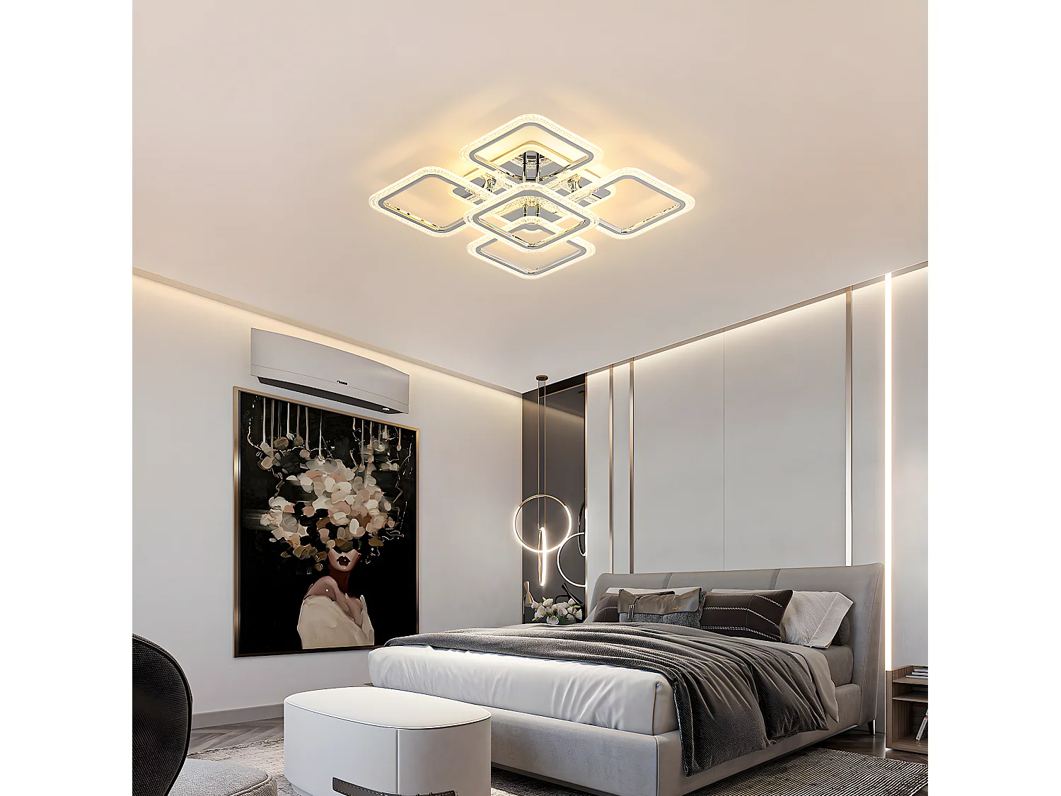 Plafonnier led moderne dimmable, argenté,  60 * 60 * 14cm, 2700k-6500k avec télécommande