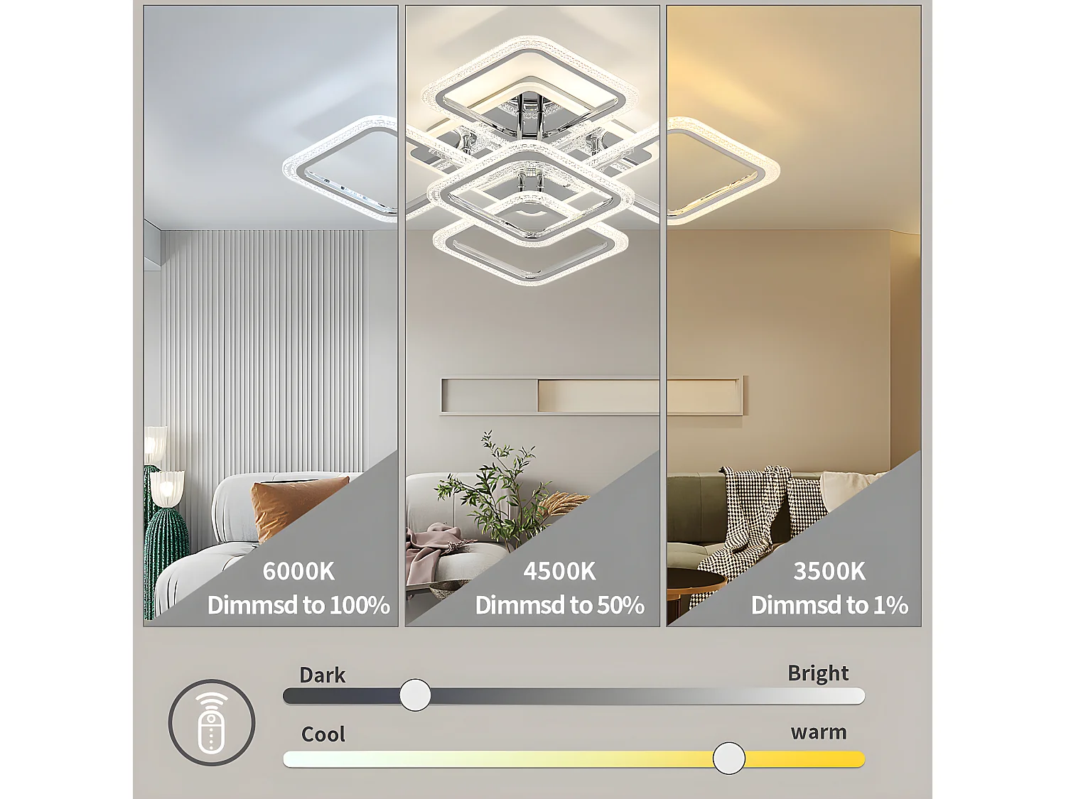 Plafonnier led moderne dimmable, argenté,  60 * 60 * 14cm, 2700k-6500k avec télécommande