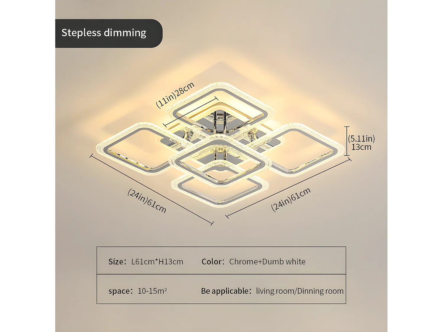 Plafonnier led moderne dimmable, argenté,  60 * 60 * 14cm, 2700k-6500k avec télécommande