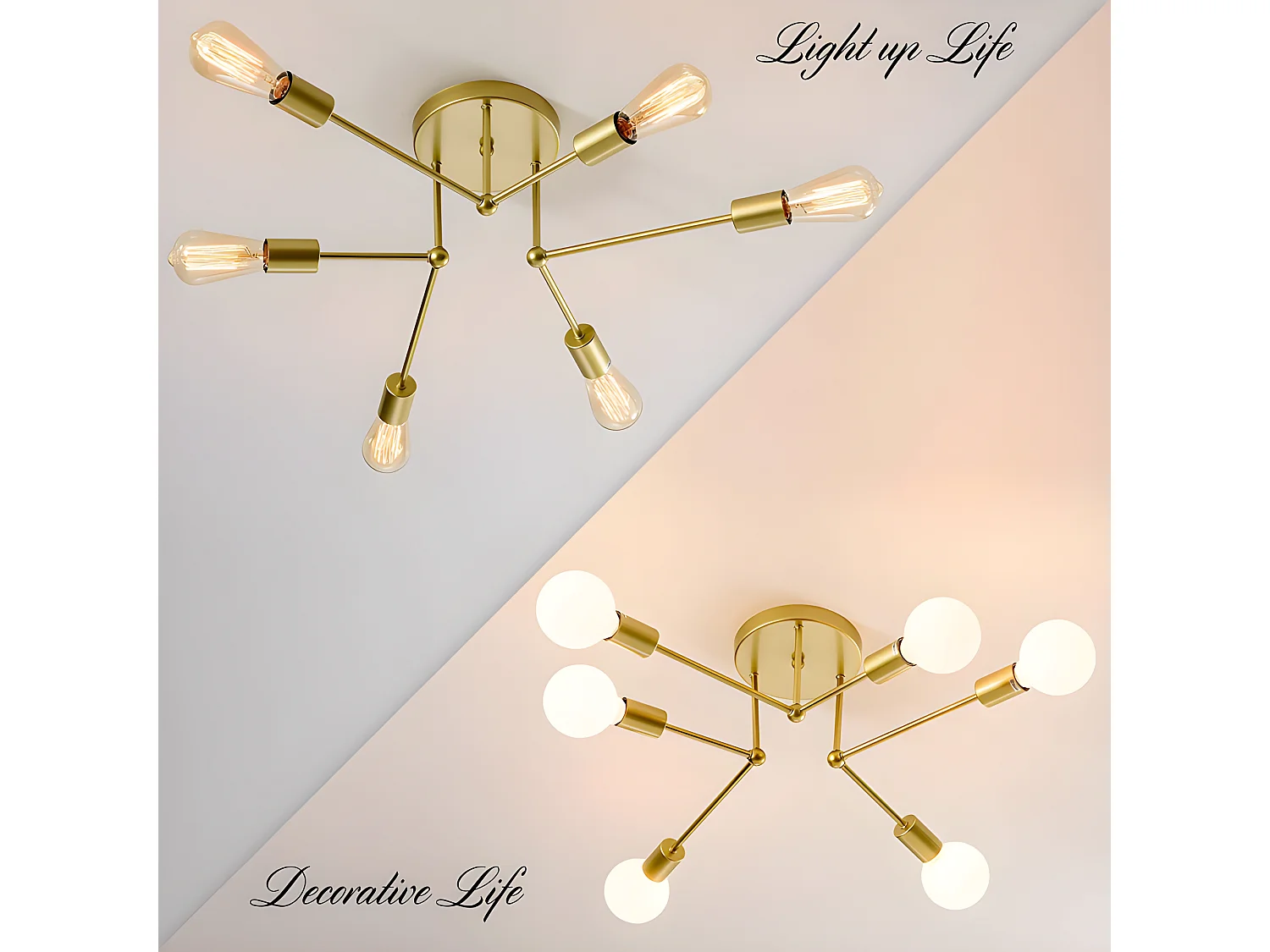 Plafonnier vintage E27 base 6 lampe, or,  70 * 70 * 18cm, sans ampoules