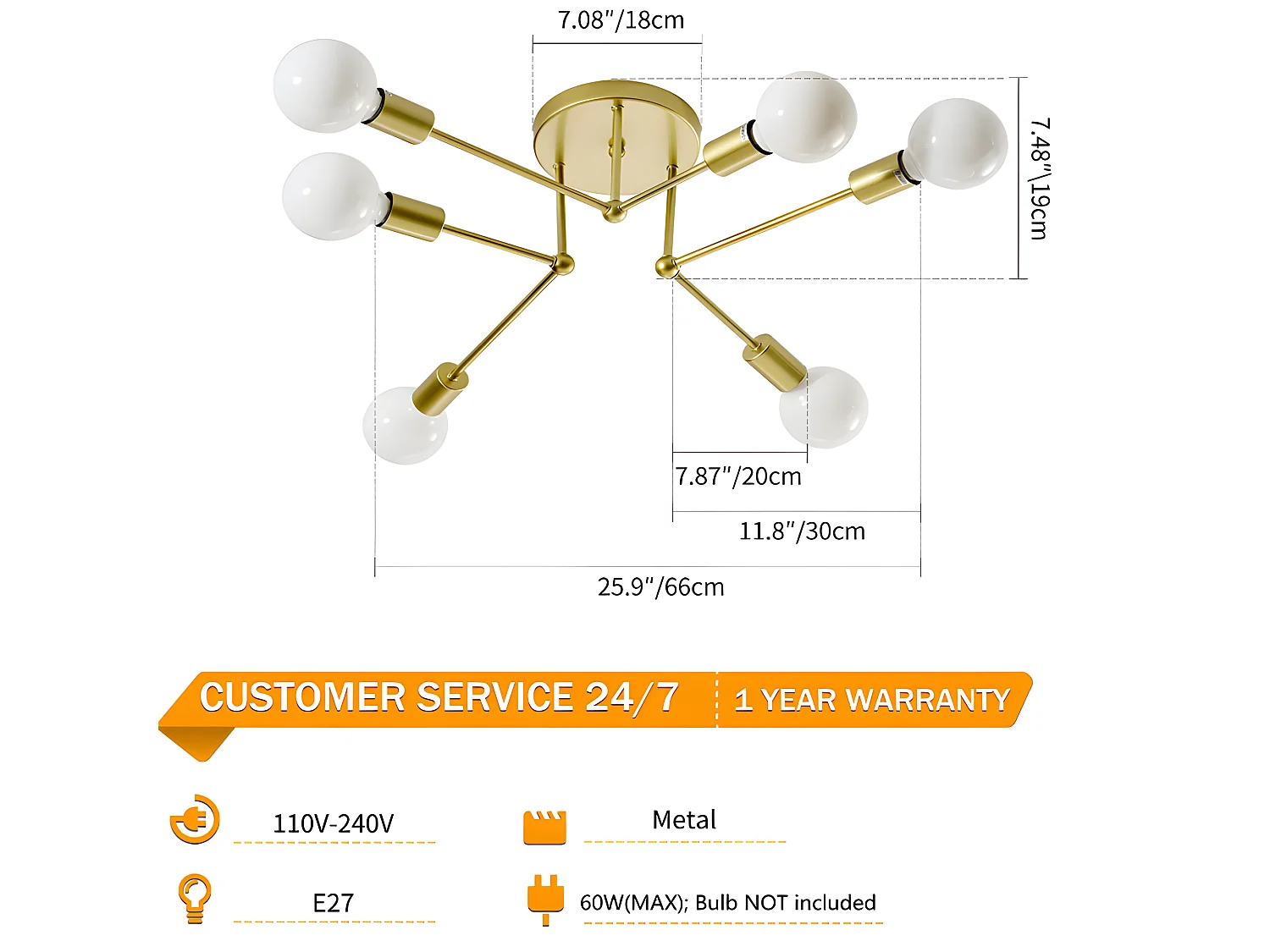 Plafonnier vintage E27 base 6 lampe, or,  70 * 70 * 18cm, sans ampoules