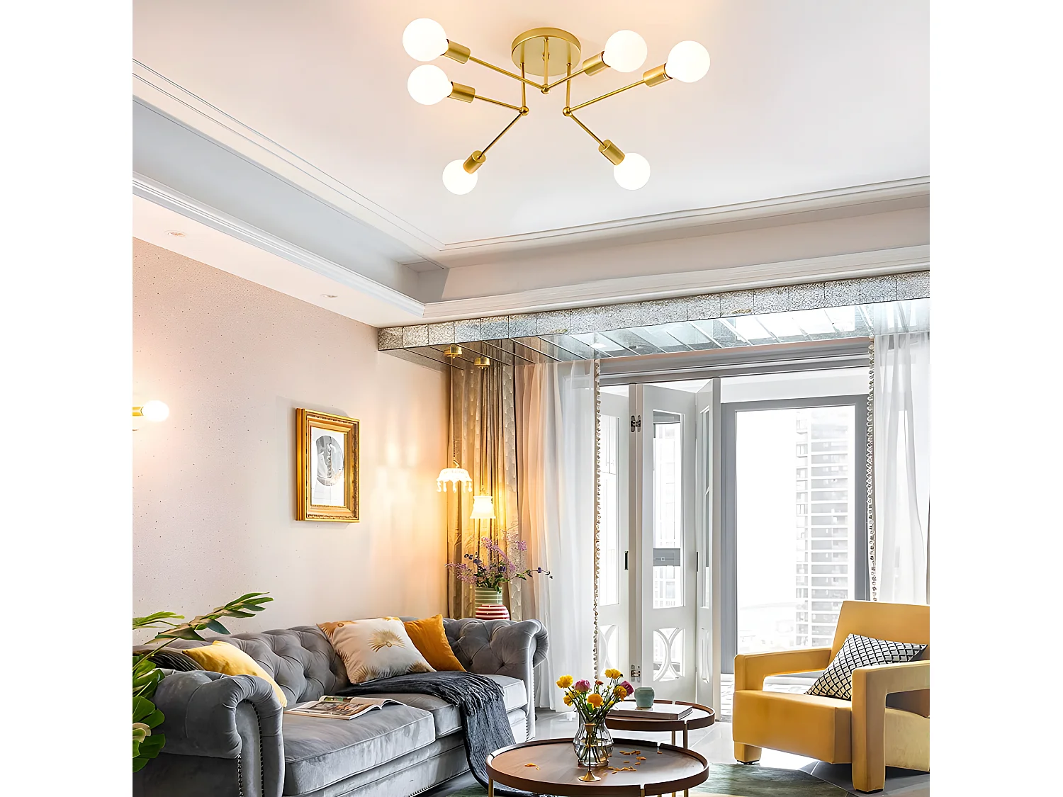 Plafonnier vintage E27 base 6 lampe, or,  70 * 70 * 18cm, sans ampoules