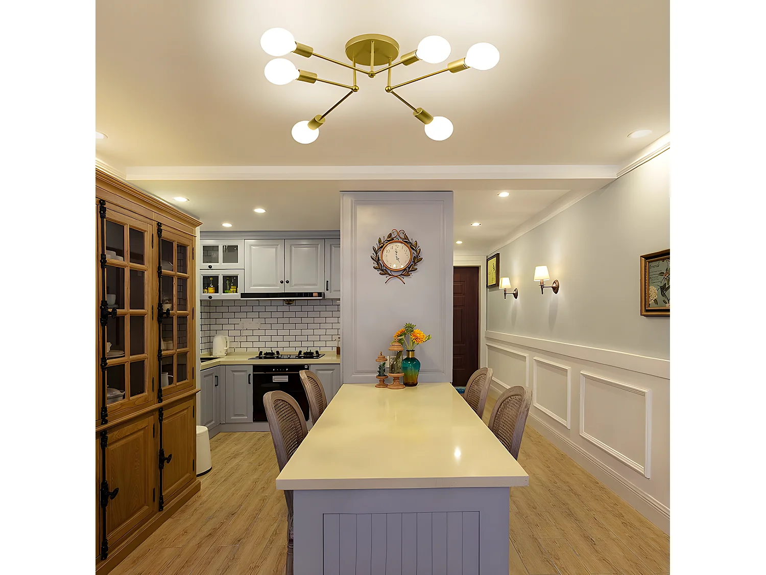 Plafonnier vintage E27 base 6 lampe, or,  70 * 70 * 18cm, sans ampoules