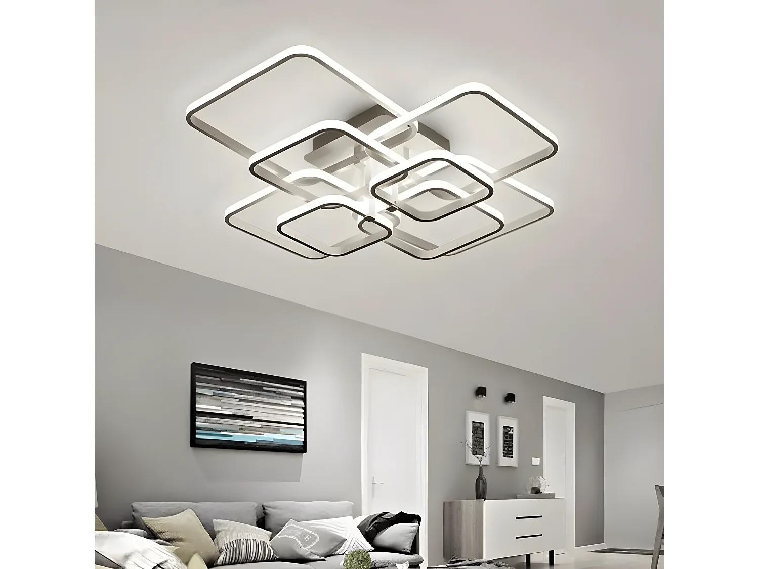 Moderne LED-Deckenleuchte aus Aluminium, Weiß, 88 x 68 x 20 cm, 8 Köpfe, 114 W, Kaltweiß 6500 K