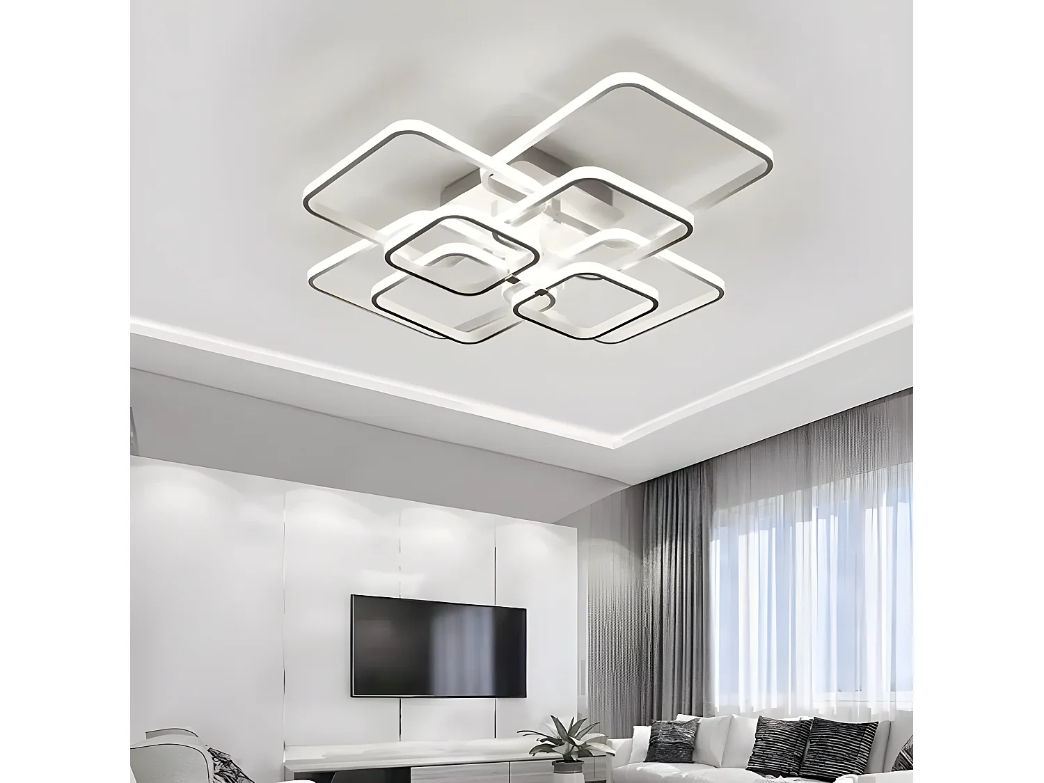 Moderne LED-Deckenleuchte aus Aluminium, Weiß, 88 x 68 x 20 cm, 8 Köpfe, 114 W, Kaltweiß 6500 K