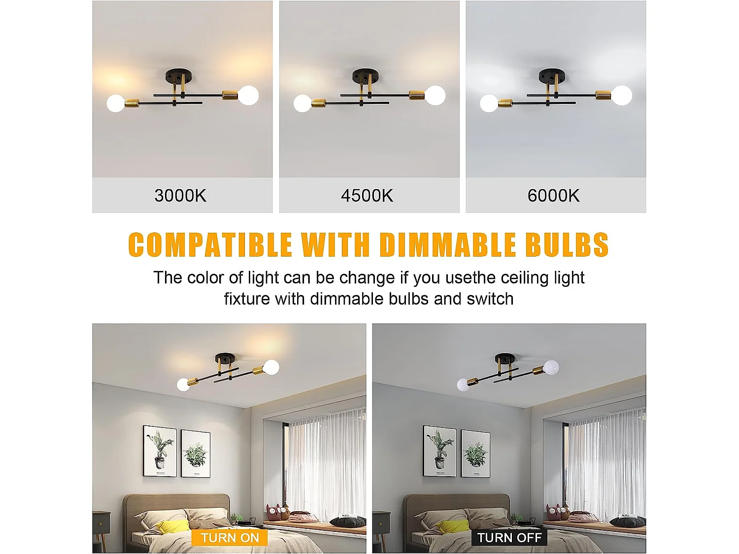 Plafonnier vintage E27 base, noir or,  37.5*7*13.5cm, pour salon chambre, sans ampoules