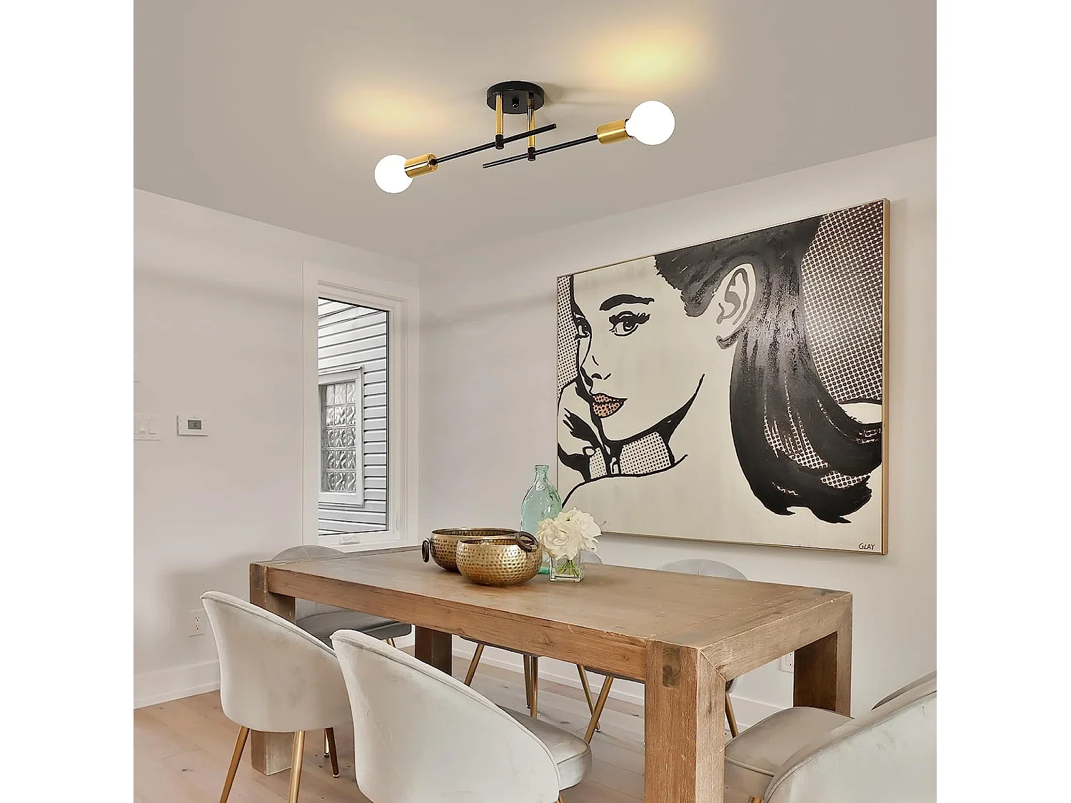 Plafonnier vintage E27 base, noir or,  37.5*7*13.5cm, pour salon chambre, sans ampoules