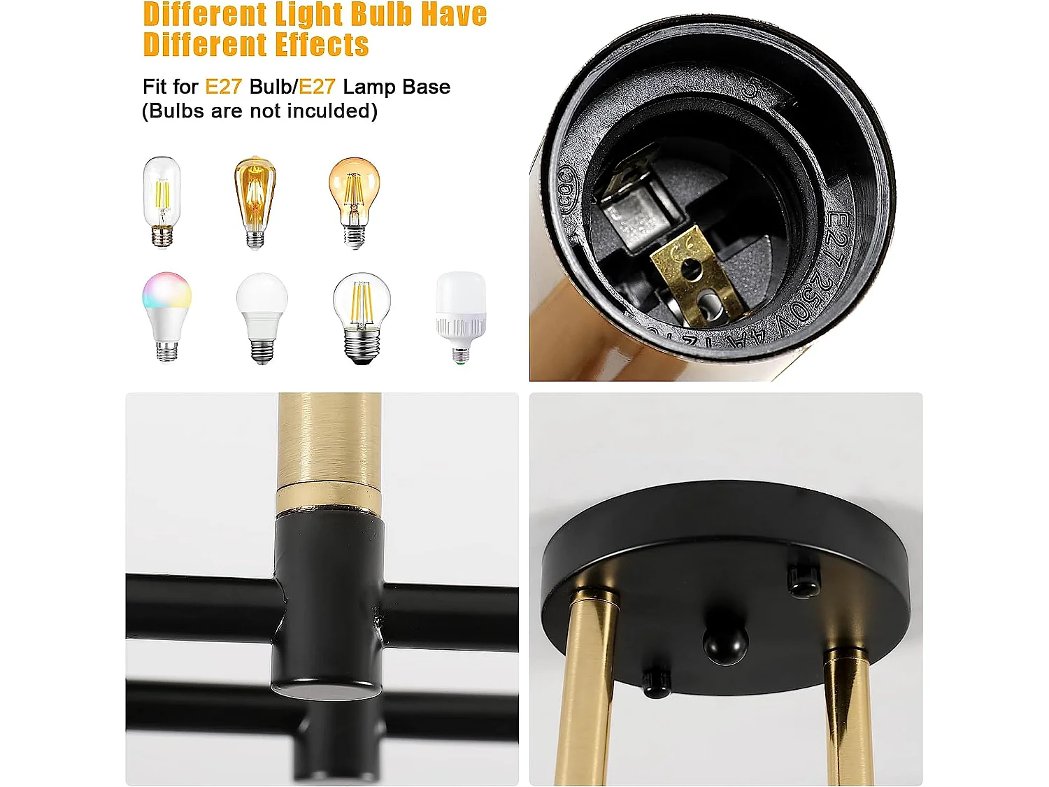 Plafonnier vintage E27 base, noir or,  37.5*7*13.5cm, pour salon chambre, sans ampoules