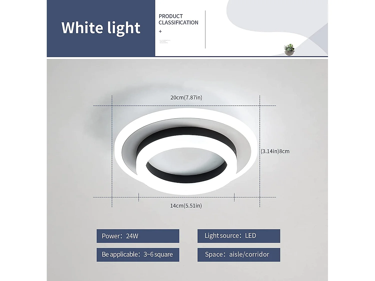 Modern Round LED -plafondlicht, 20 * 20 * 6,5 cm, zwart, 24w, koud wit