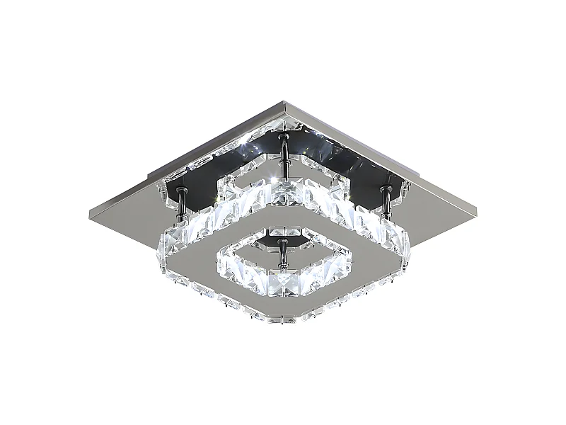 Plafonnier led en cristal  moderne, 20*20*8cm, 12w 6500k, argenté, carré, lumière blanc