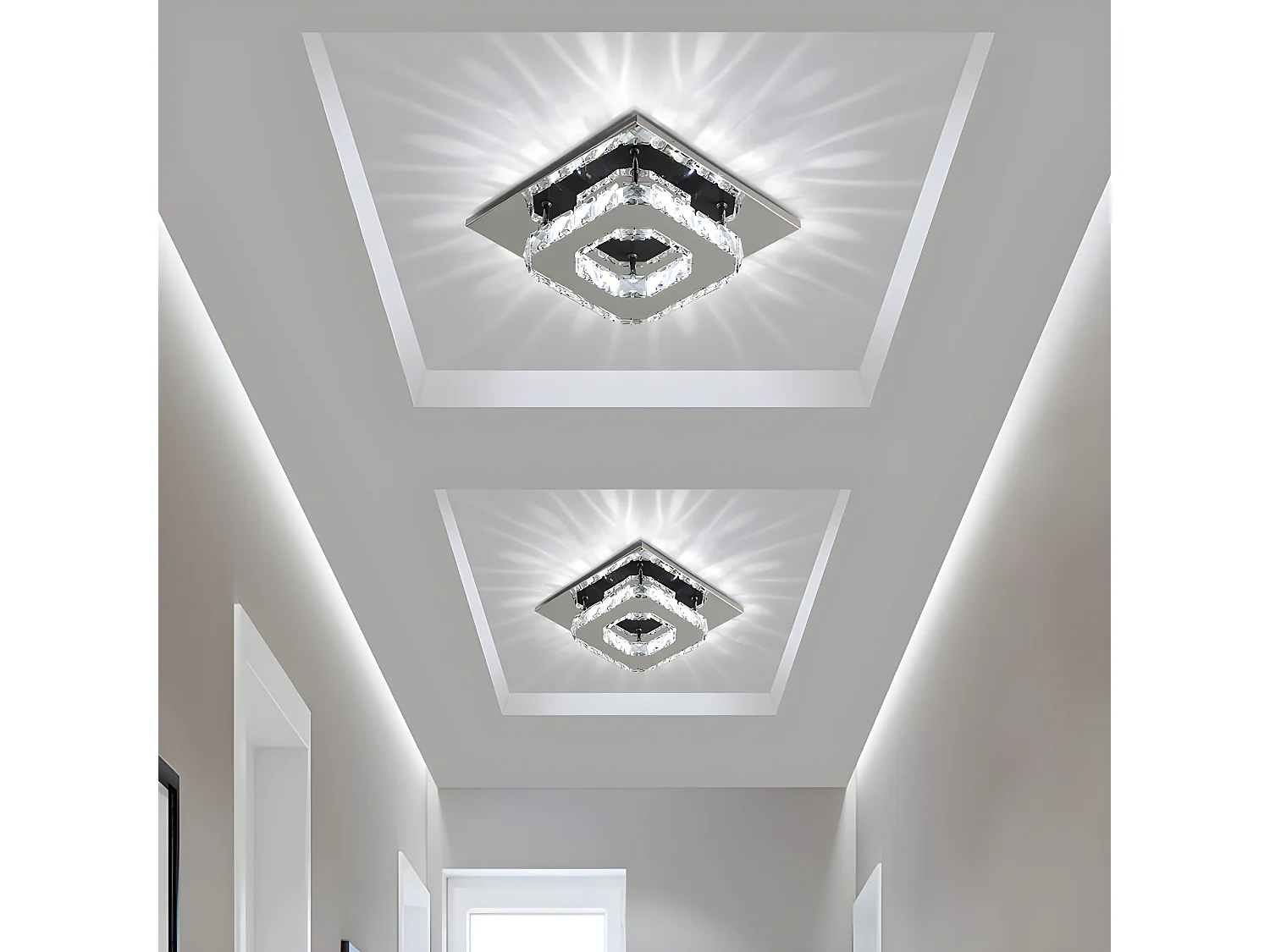 Plafonnier led en cristal  moderne, 20*20*8cm, 12w 6500k, argenté, carré, lumière blanc