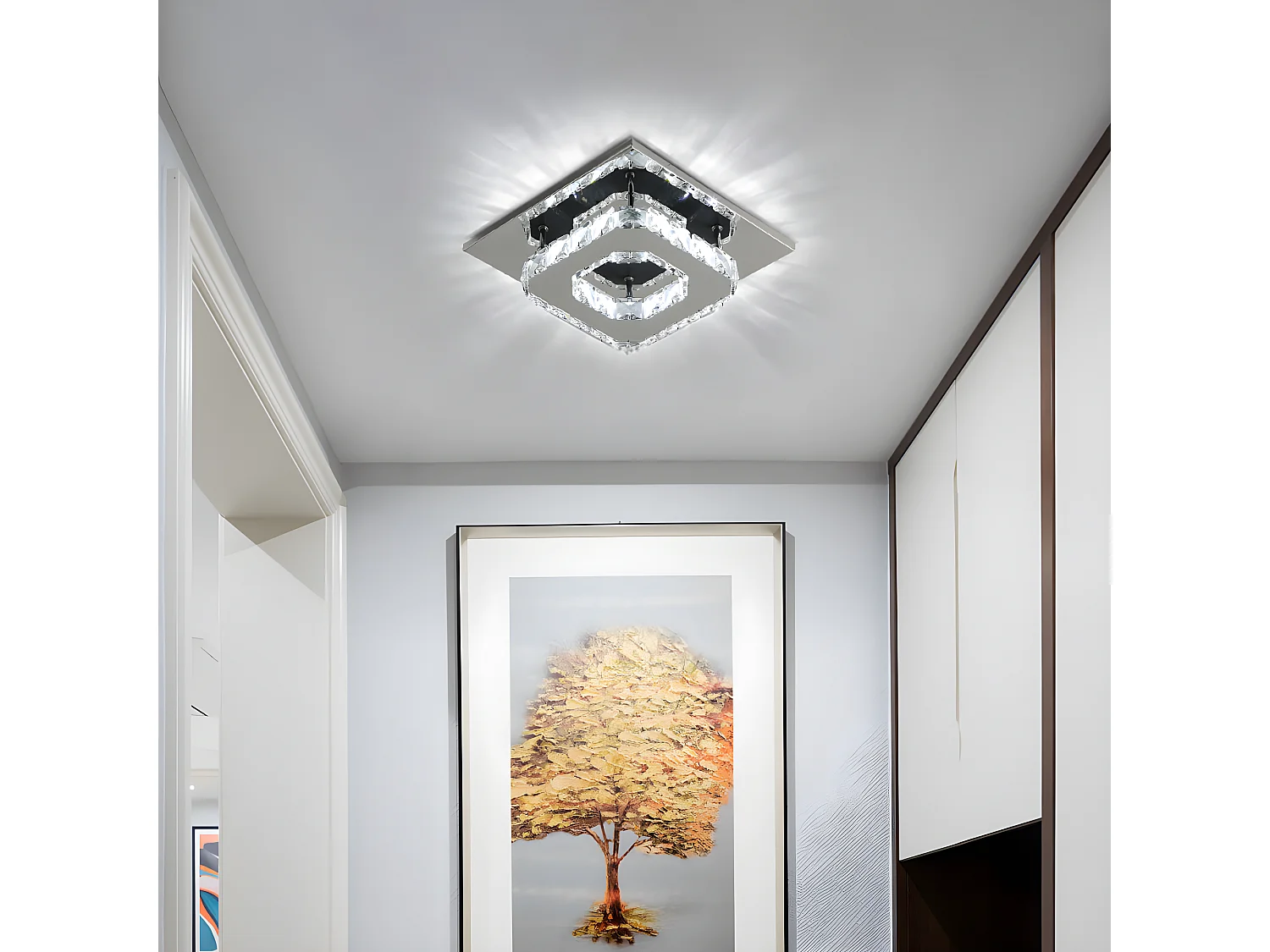 Plafonnier led en cristal  moderne, 20*20*8cm, 12w 6500k, argenté, carré, lumière blanc