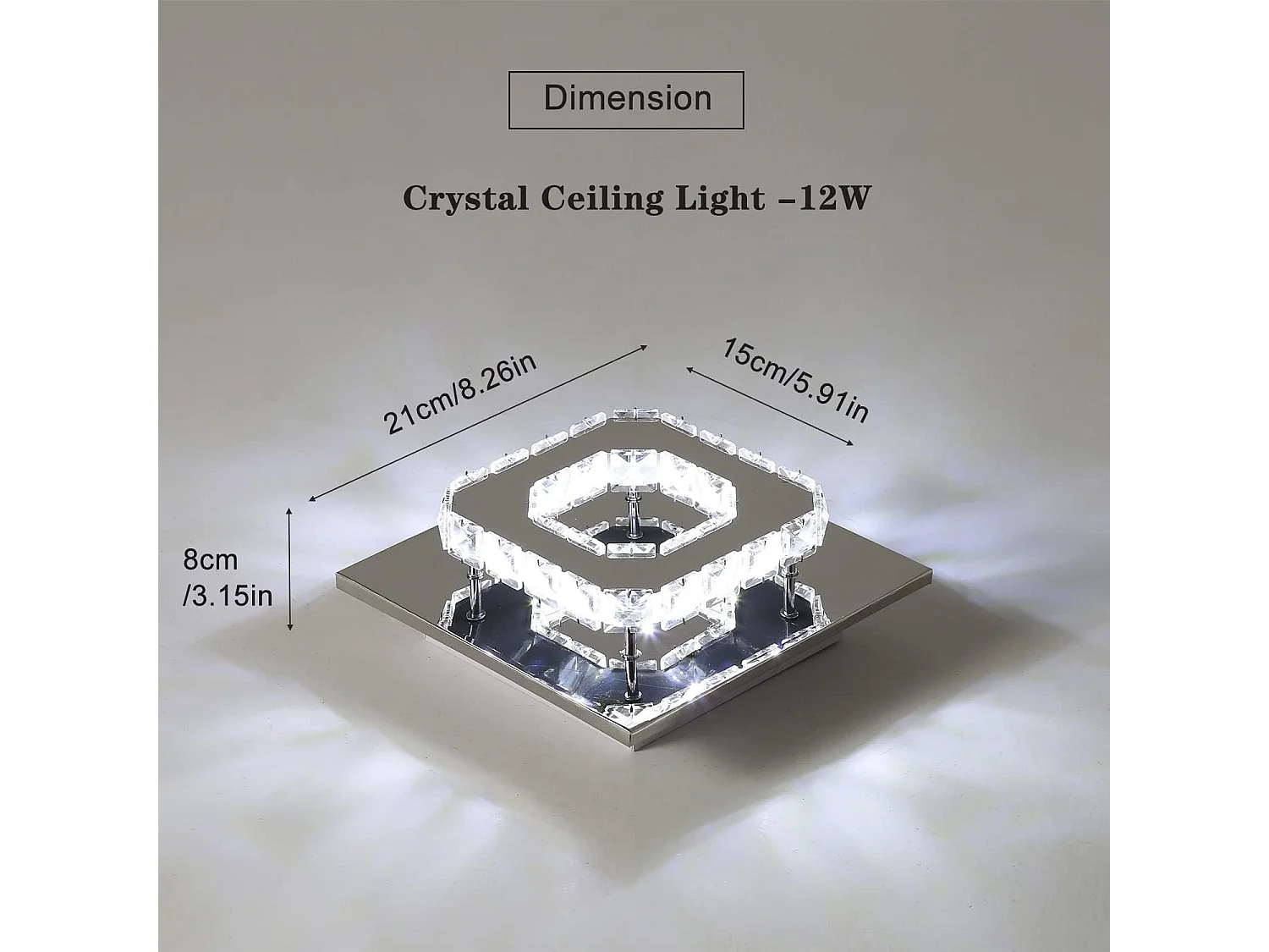 Plafonnier led en cristal  moderne, 20*20*8cm, 12w 6500k, argenté, carré, lumière blanc