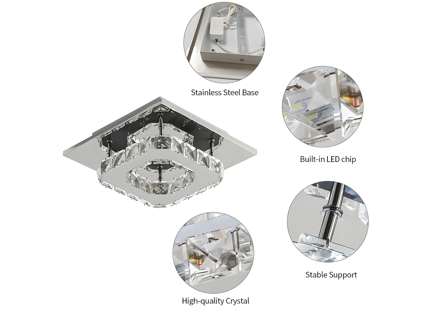 Plafonnier led en cristal  moderne, 20*20*8cm, 12w 6500k, argenté, carré, lumière blanc