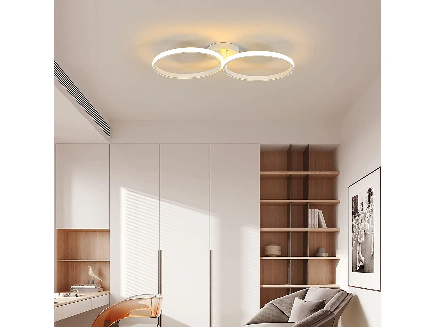Plafonnier led moderne 36w design créatif à double anneau,  blanc, 54*30*30cm,lumière chaud