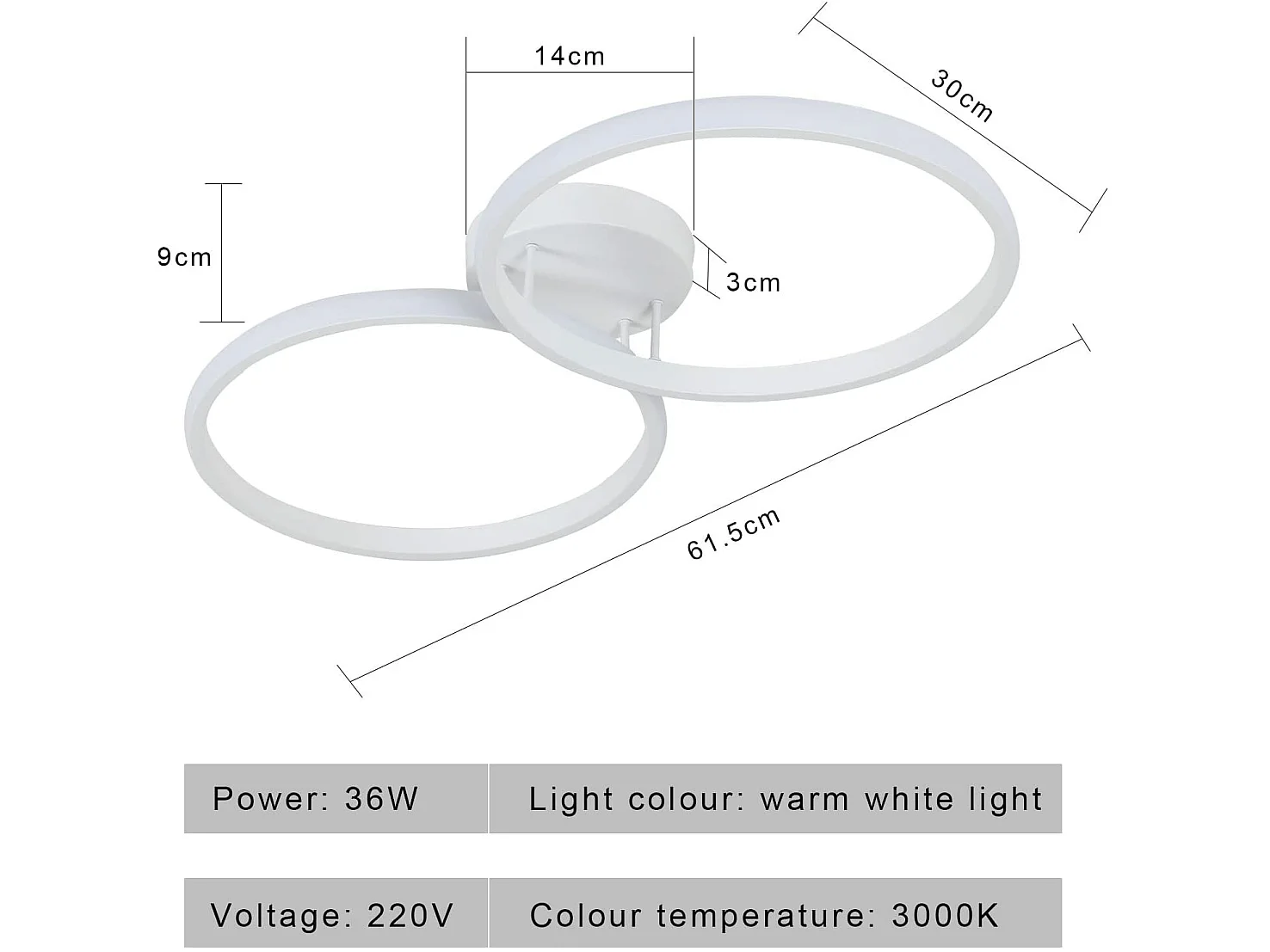 Plafonnier led moderne 36w design créatif à double anneau,  blanc, 54*30*30cm,lumière chaud