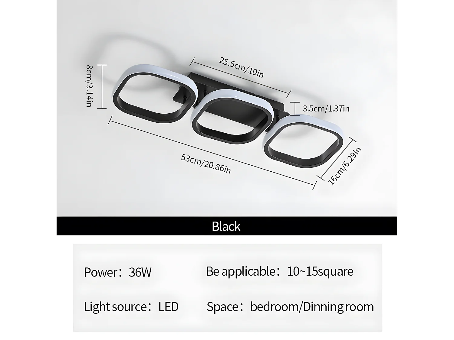 Plafonnier led 30w carré moderne, noir, 53 * 17 * 8cm, en métal acrylique, lumière blanc