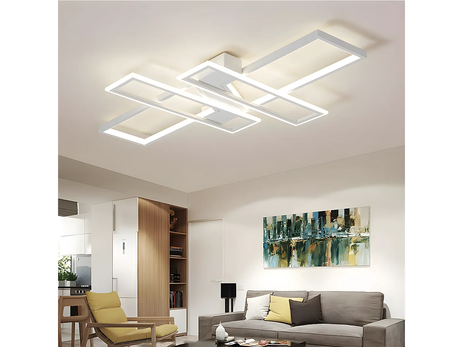 Plafonnier moderne led lustre rectangle, blanc, 120*80*6, pour salon chambre cuisine, blanc froid