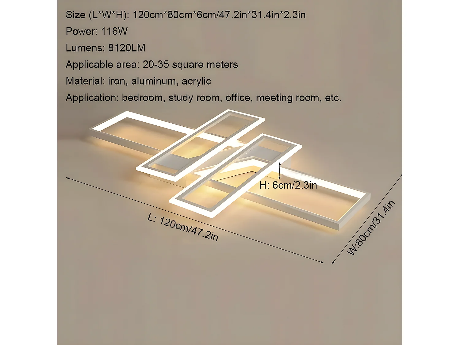 Plafonnier moderne led lustre rectangle, blanc, 120*80*6, pour salon chambre cuisine, blanc froid