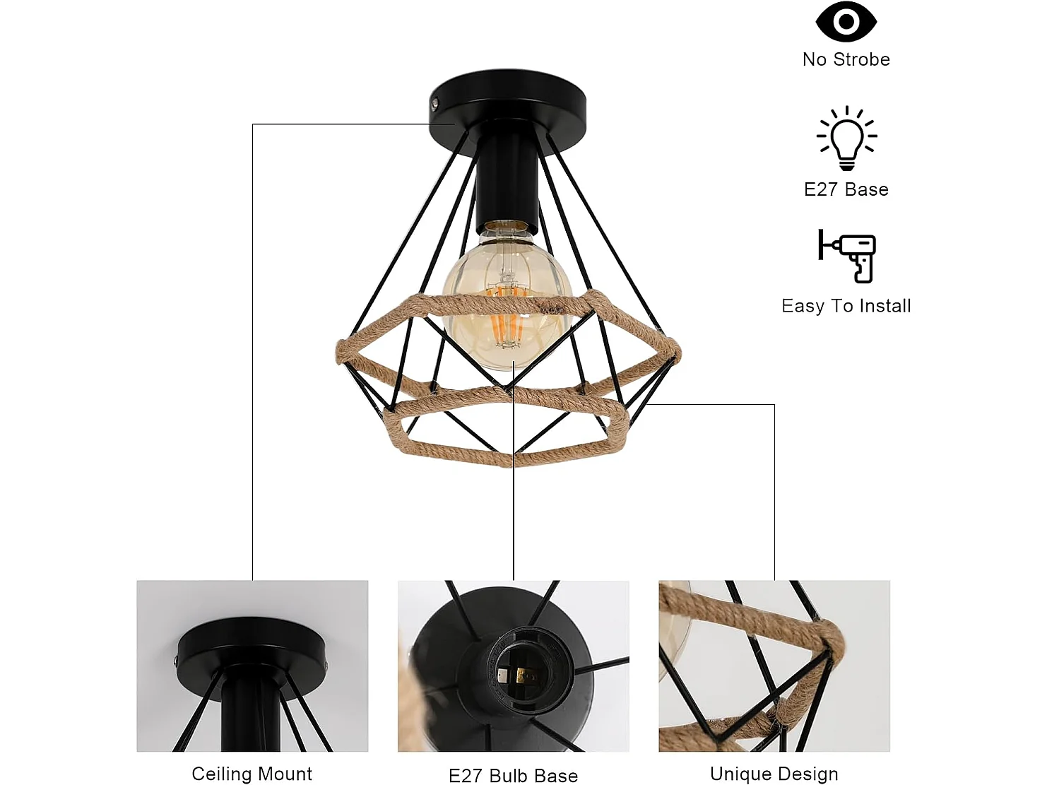 Plafonnier industrielle retro industriel suspension, 20.5*21.5cm, en métal cage, sans ampoules