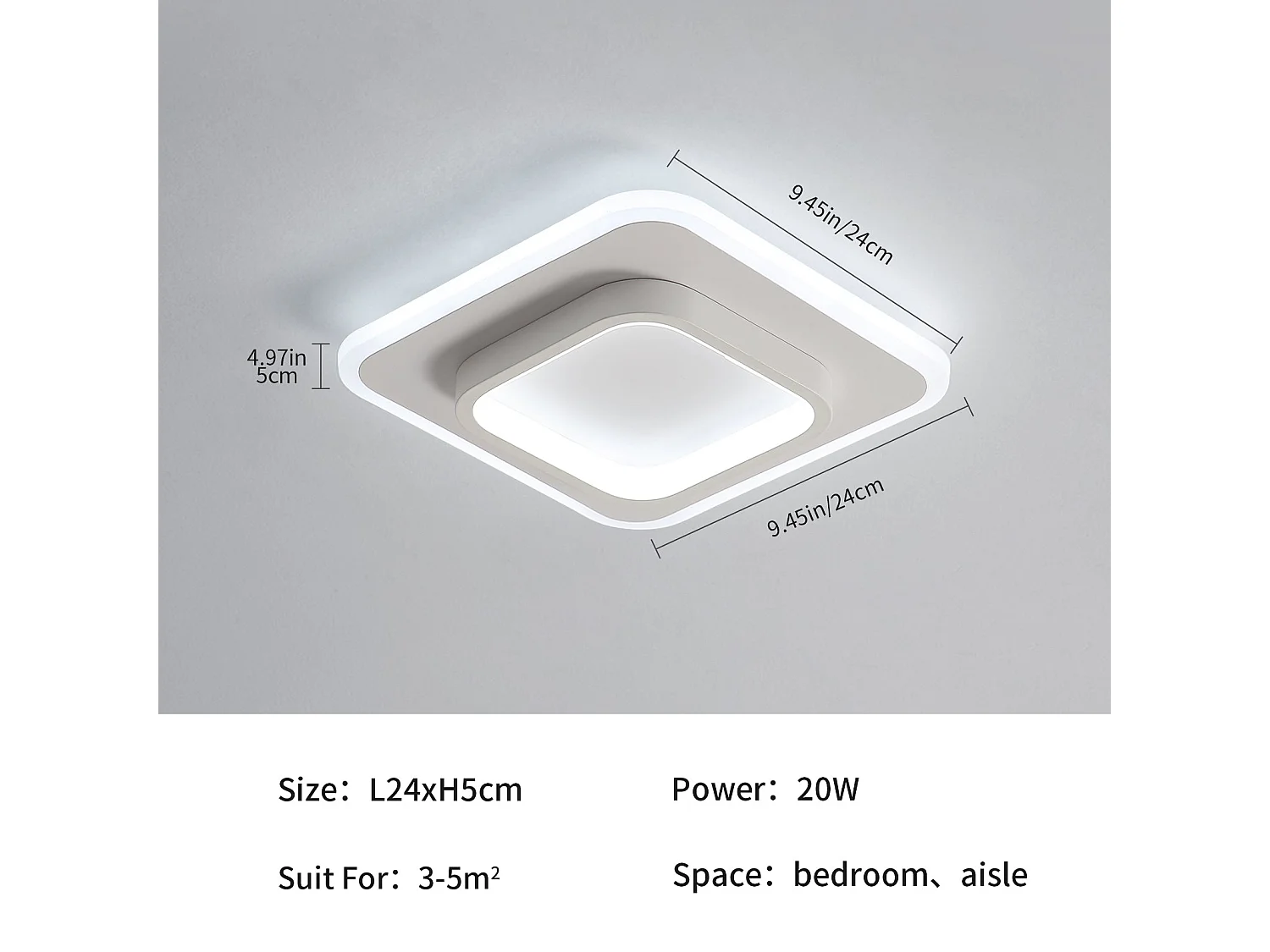 Plafonnier led moderne, lampe de plafond carré mode en acrylique 24w, diamètre 24cm