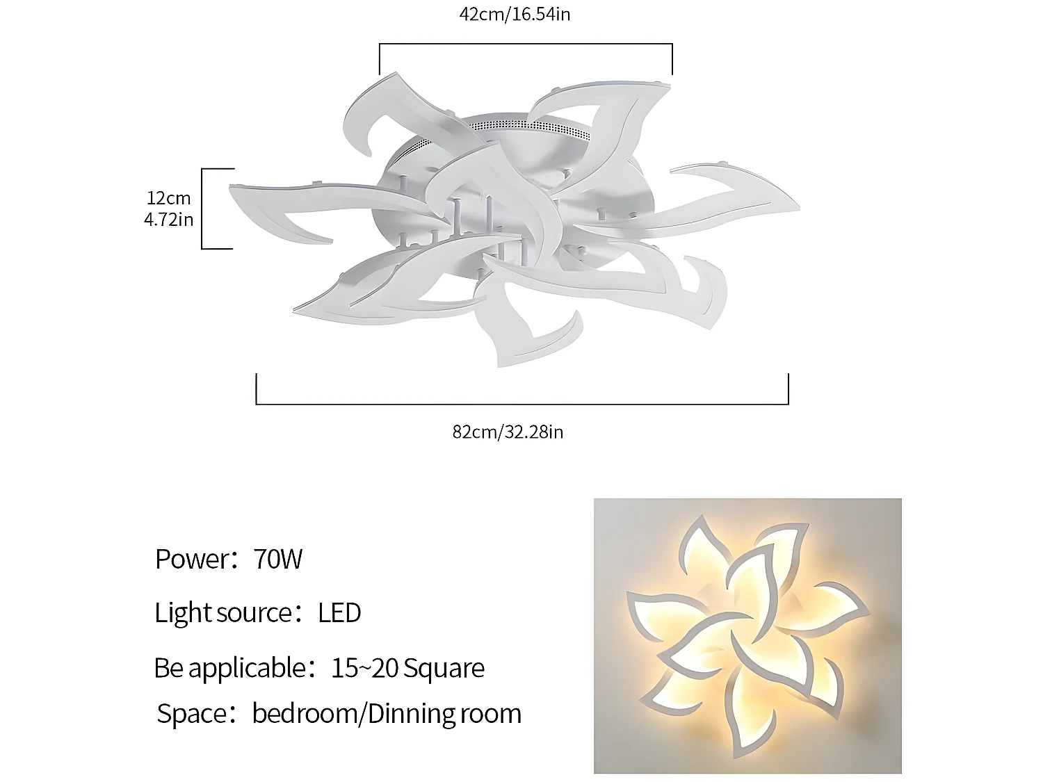 Plafonnier led dimmable moderne avec télécommande, blanc,  82*82*12cm, 70w, 2700K-6500K