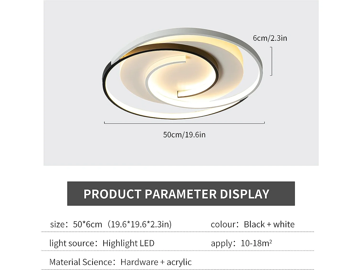 Plafonnier led dimmable avec télécommande moderne, blanc noir, diamètre 50cm, 3000k-6000k