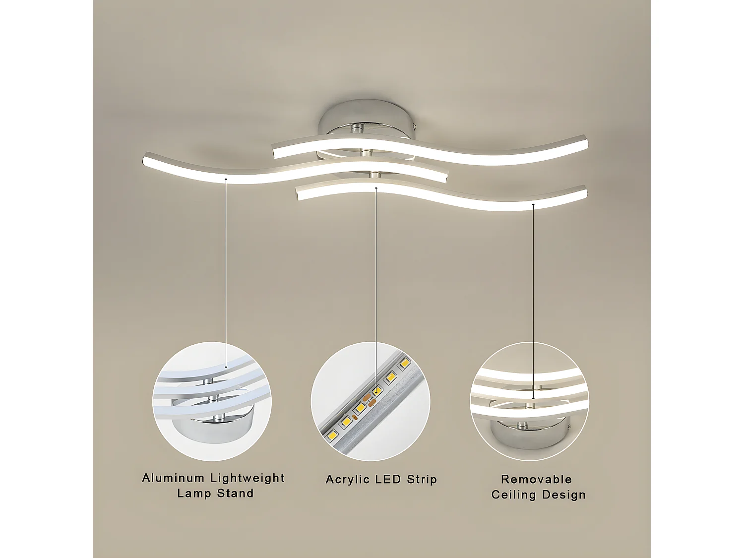 Plafonnier led en forme de vague, argenté, 60*12cm, 18w 1600 lumen, lumière neutre