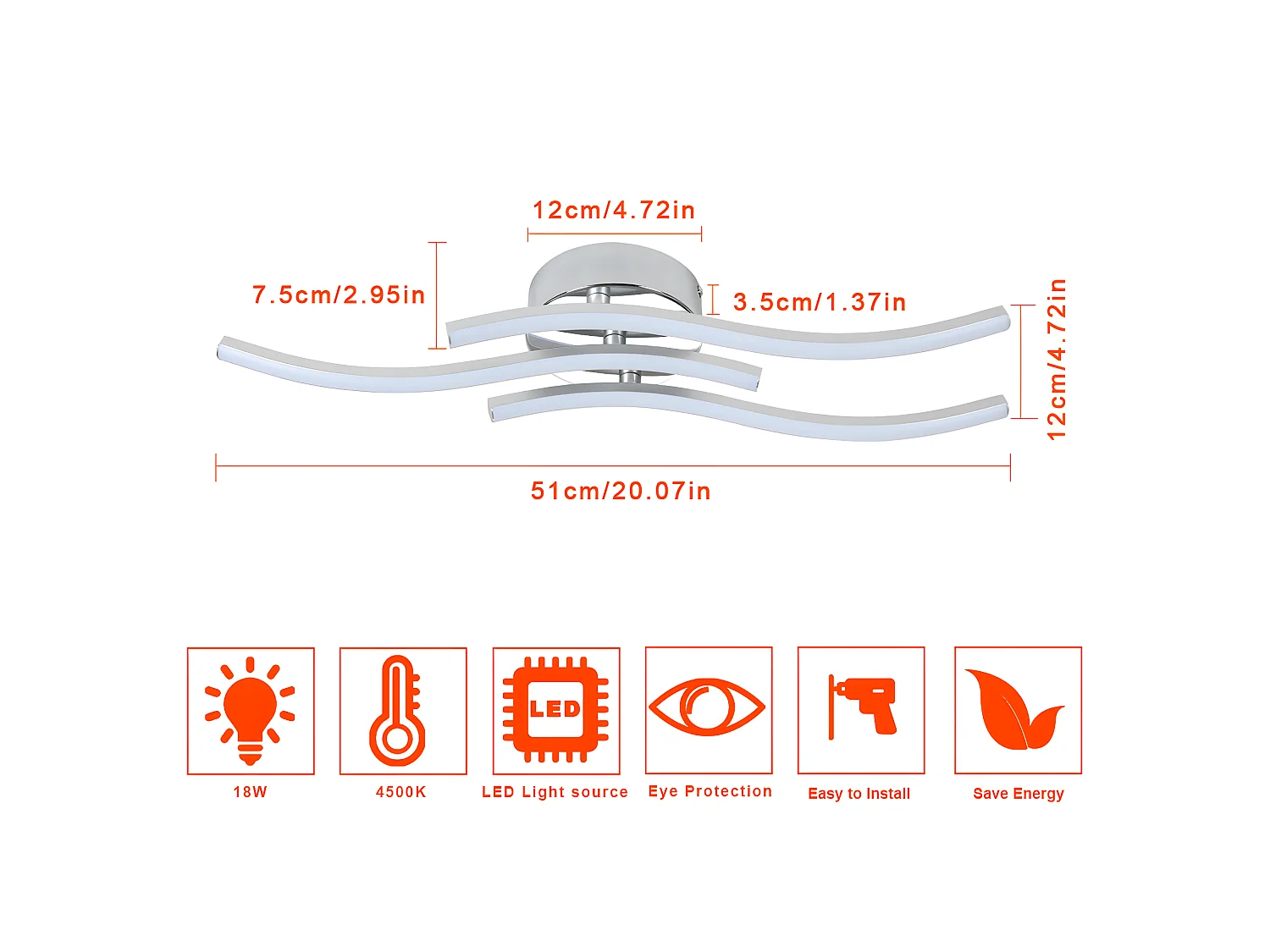 Plafonnier led en forme de vague, argenté, 60*12cm, 18w 1600 lumen, lumière neutre