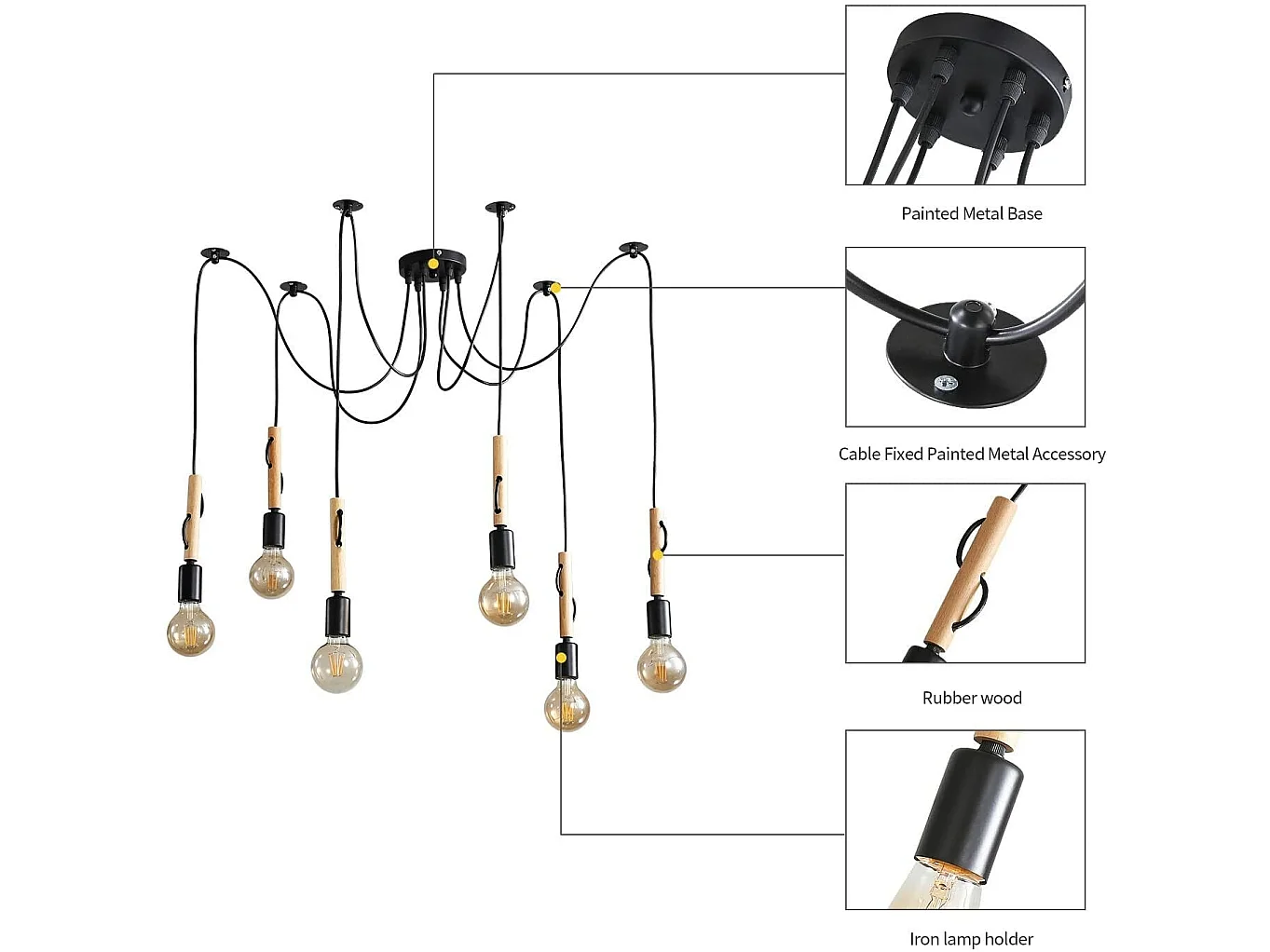 Lumo Pendelleuchte, 1,5 m, 6 verstellbare Köpfe, ohne E27-Glühbirne