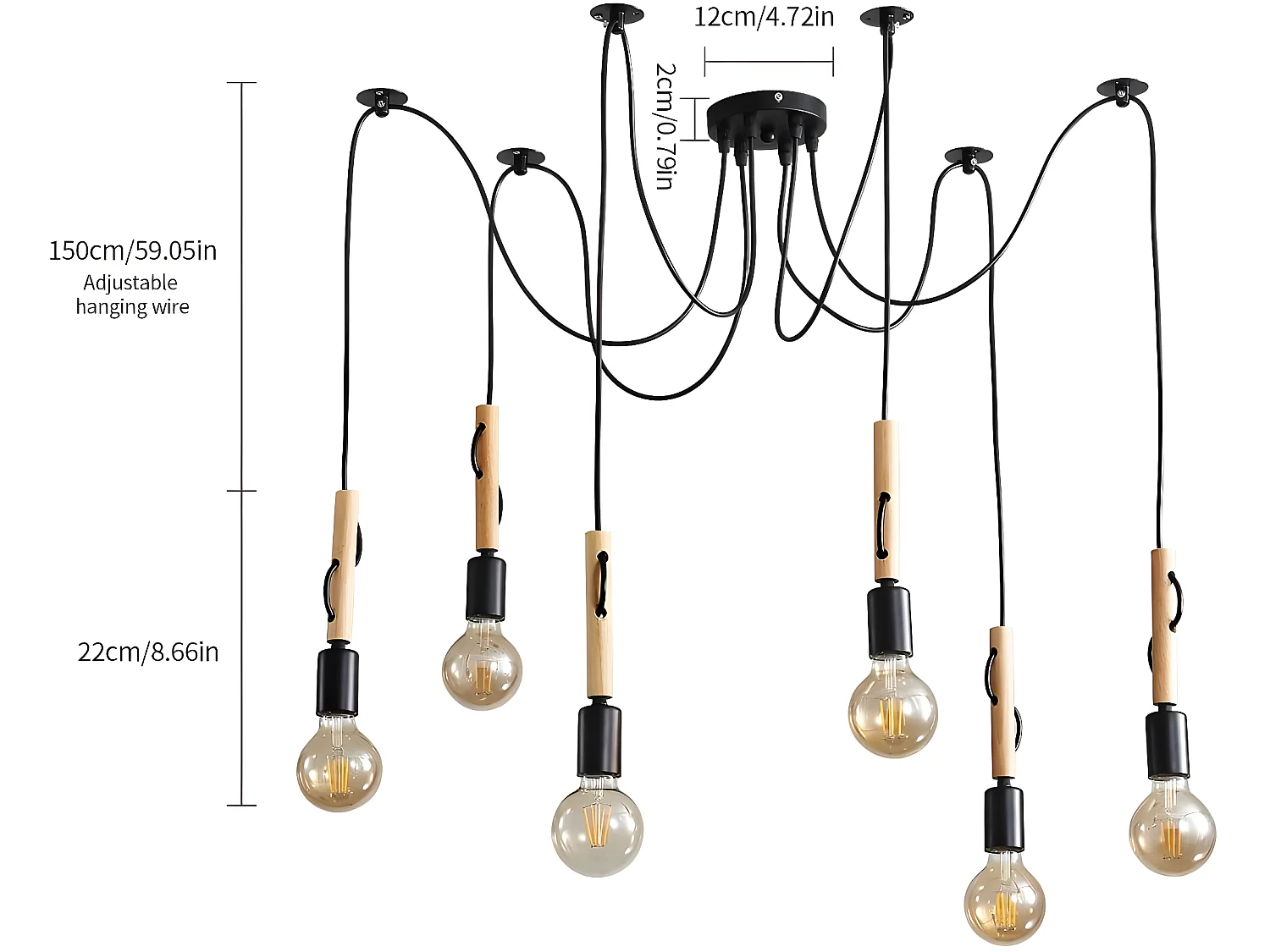 Lumo Pendelleuchte, 1,5 m, 6 verstellbare Köpfe, ohne E27-Glühbirne