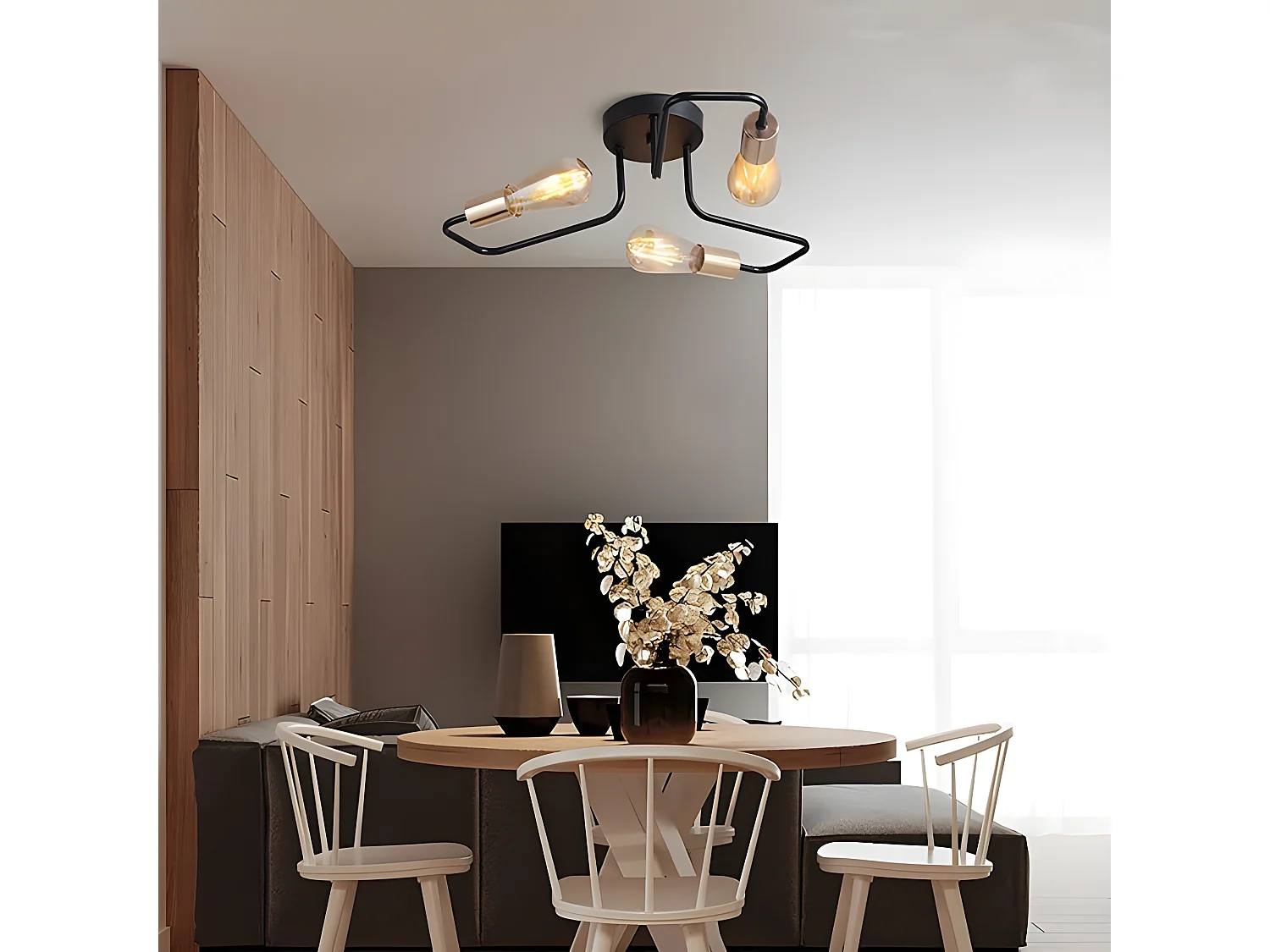 Vintage plafondlicht E27 3 Lampe, goud zwart, 48*11 cm, zonder bollen