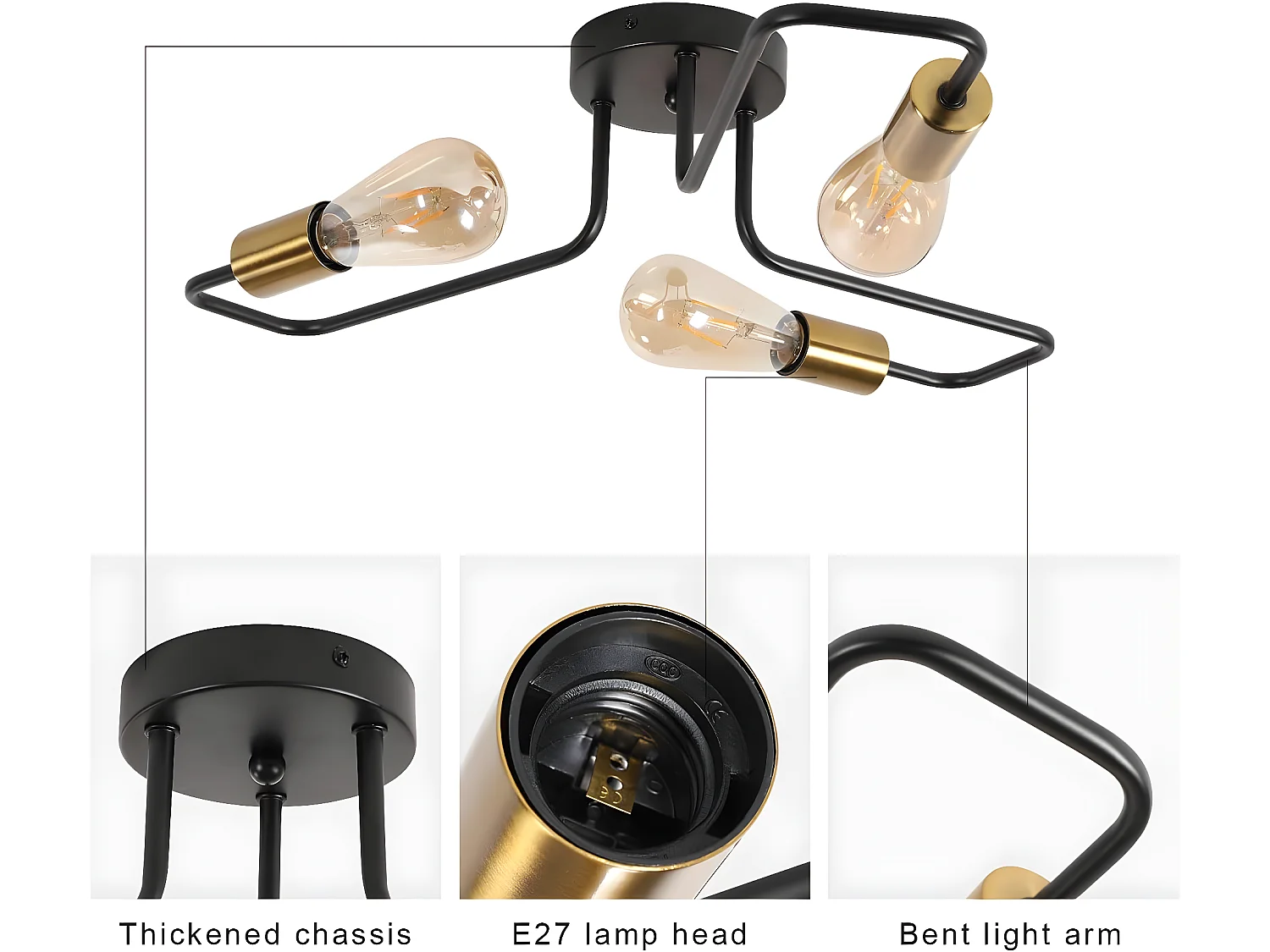 Vintage plafondlicht E27 3 Lampe, goud zwart, 48*11 cm, zonder bollen