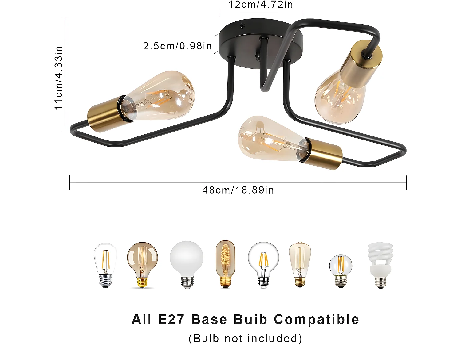 Vintage plafondlicht E27 3 Lampe, goud zwart, 48*11 cm, zonder bollen