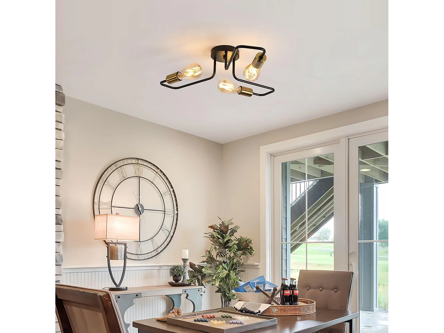 Vintage plafondlicht E27 3 Lampe, goud zwart, 48*11 cm, zonder bollen