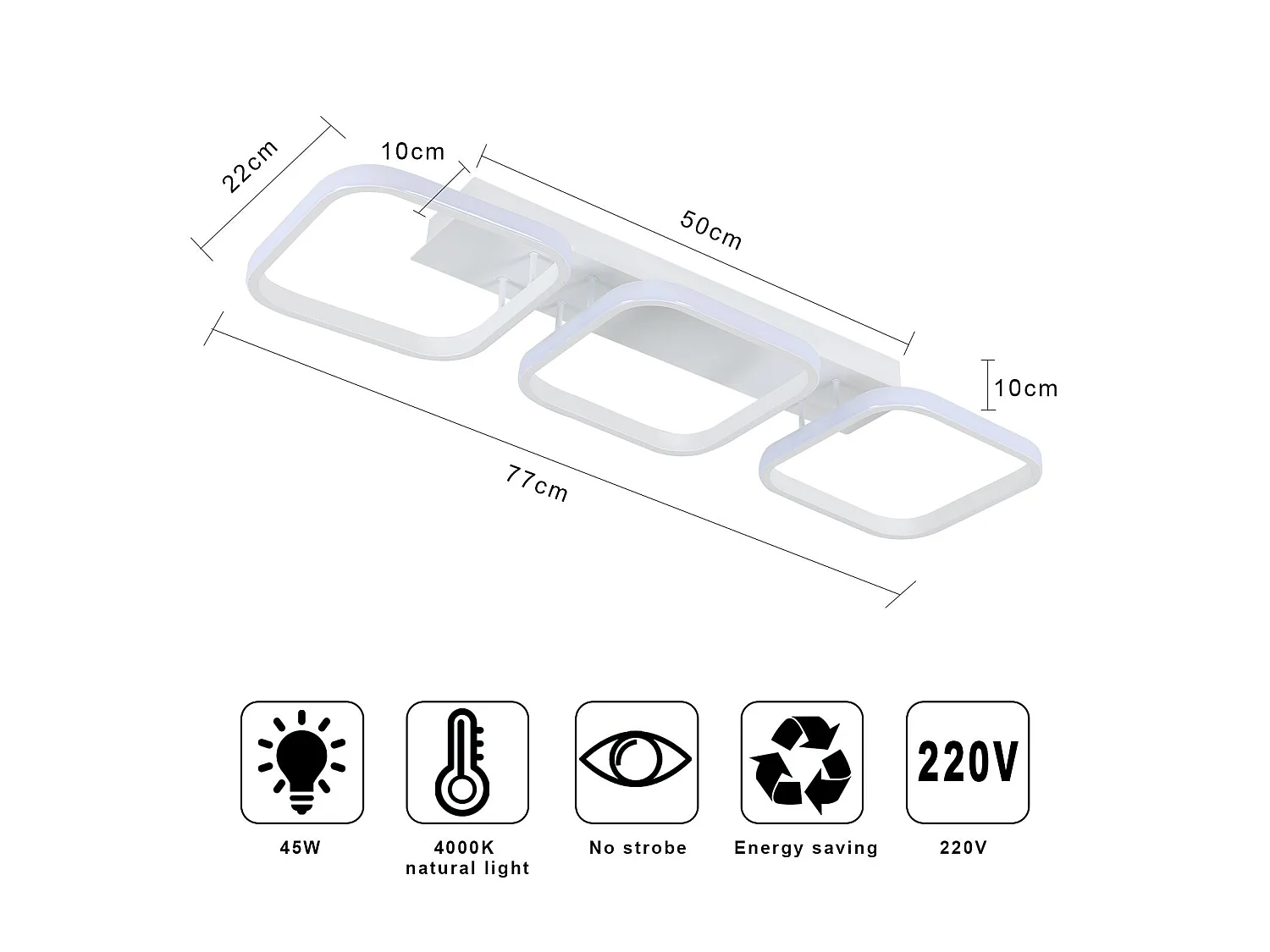 Plafonnier led 45w géométrique simple carré, 78*22cm, blanc, en métal, lumière neutre