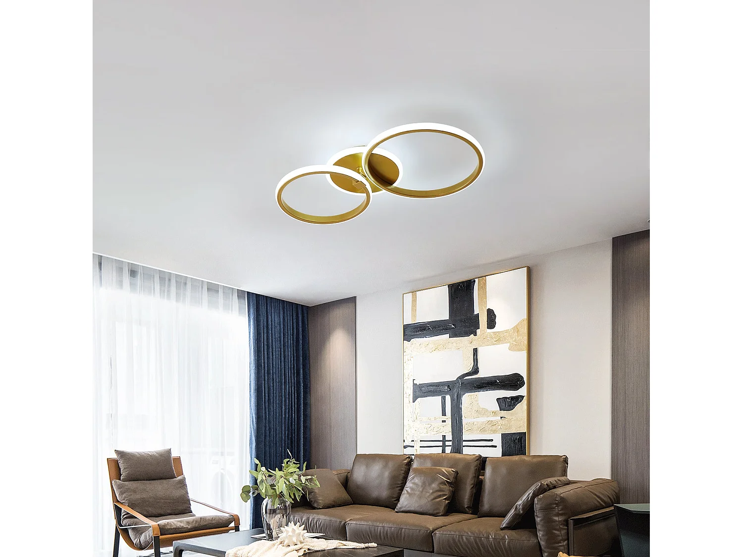 Moderne runde LED-Deckenleuchte, Durchmesser 30 cm x 24 cm, Gold, rund 3500 lm, Metall-Kronleuchter